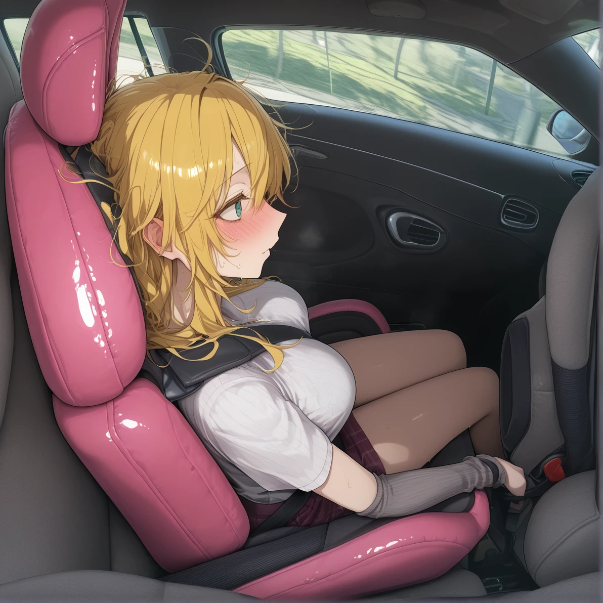 Girls, suspenders, denim shorts, sports field, yellow hair, half squats, long hair