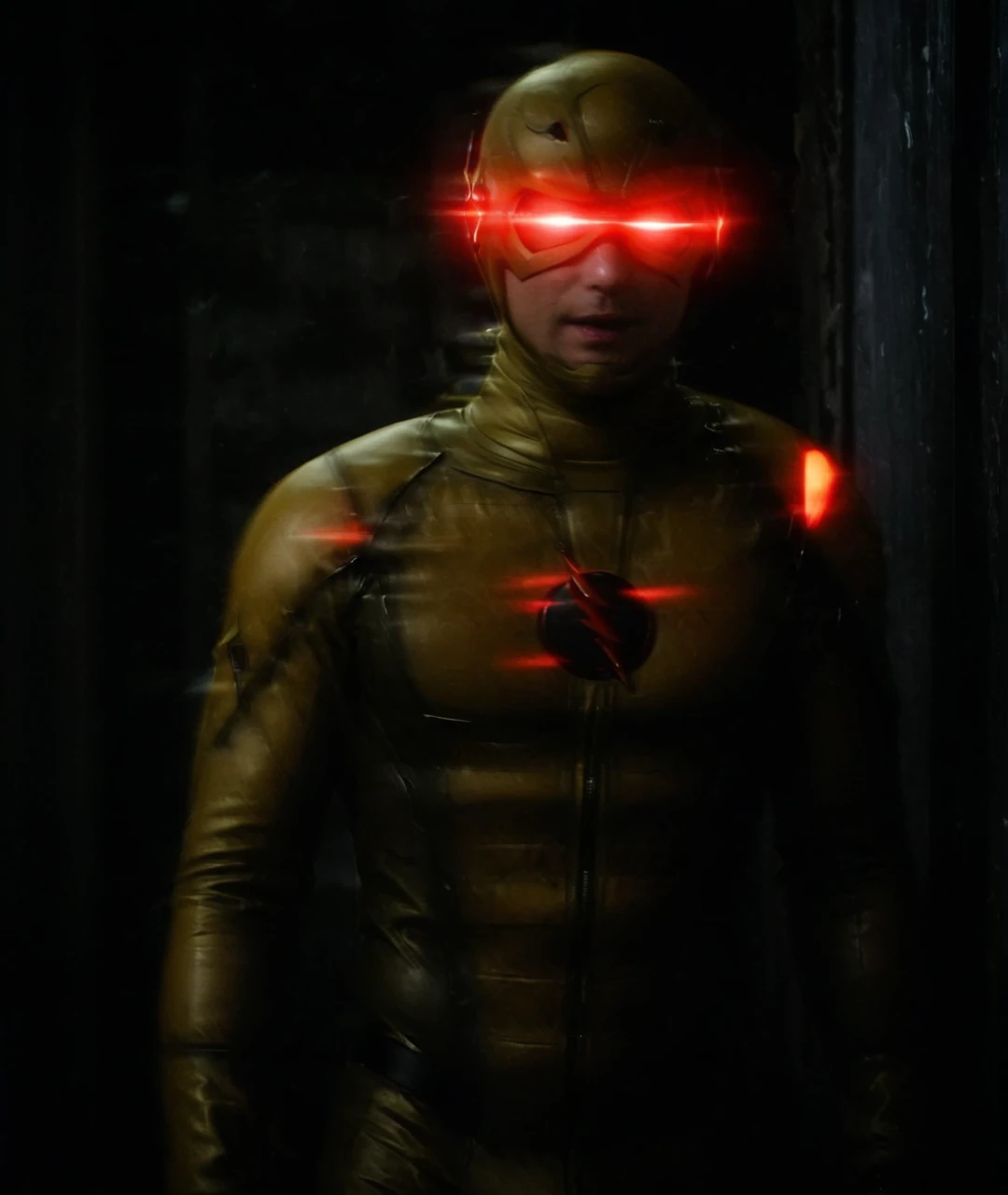 Dark photo, A man in reverse flash suit with glowing red eyes and extreme vibrating body and he is emitting extreme level of red lightnings out of his body across the dark room, unmasked face <lora:Into_Darkness:1> <lora:Reverse_Flash_Lora:1>