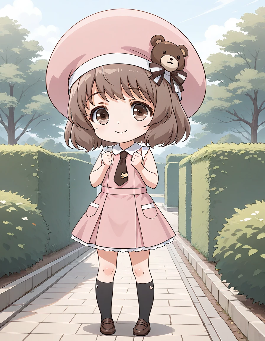 general,highres, ultra-detailed,very aesthetic,best quality ,best hands, BREAK <lora:Amatsuka_Sakura_IS:1>
AmatsukaSakura, brown hair, short hair, brown eyes, bangs, pink hat, single bear patch, chibi, smile, 1girl, solo, dress, outdoors, sleeveless, socks, shoes, brown footwear,
sleeveless dress, necktie, pink dress, kneehighs, black socks, pink headwear, loafers, day, looking at viewer, pleated dress, medium dress, clenched hands, full body, standing, bush, road