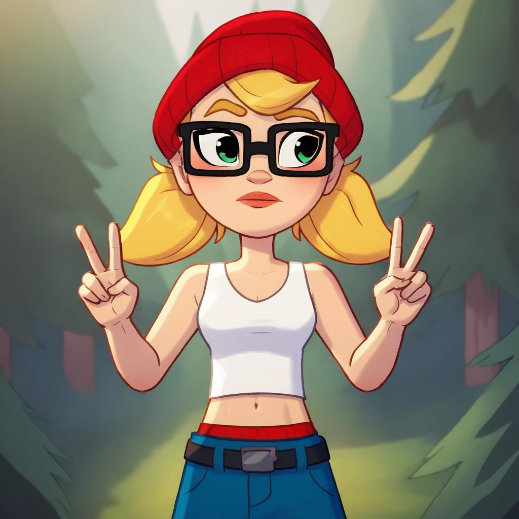 Ugly score_9_up, score_8_up, BREAK, Tricky, 1girl, solo, blonde hair, twintails, green eyes, glasses, red beanie, tank top, midriff, red underwear, blue pants, cowboy shot, <lora:Tricky_SubwaySurfers_PXL_Leaf1:1>, forest, double v,