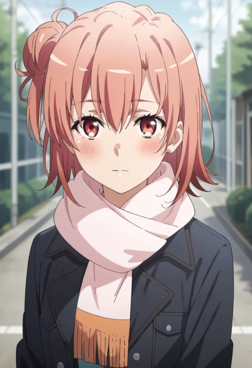 score_9, score_8_up, score_7_up, source_anime, yuigahama yui, pink hair, single hair bun, short hair, red eyes, 1girl, solo, hair bun, scarf, looking at viewer, blush, single side bun, jacket, black jacket, outdoors, hair between eyes