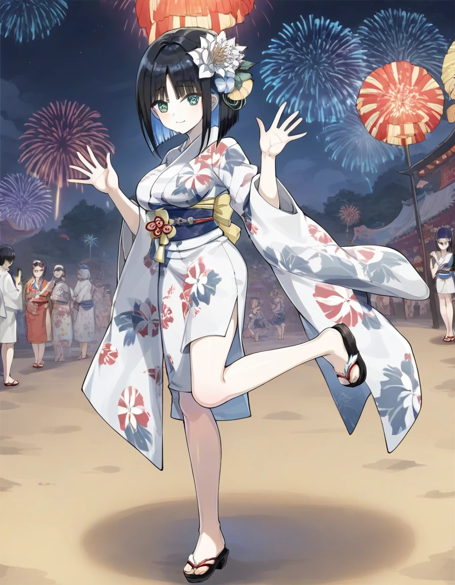 score_9, score_8_up, score_7_up, source_anime, rating_safe,
1girl, eines, crosshair pupils, black hair, short hair, bob cut, blunt bangs, colored inner hair, parted bangs, large breasts,
japanese clothes, short kimono, hair flower, wide sleeves, obi, white kimono, floral print kimono, long sleeves, geta, bare legs,
smile, full body, waving, standing on one leg,
looking back, from behind,
summer festival, fireworks,