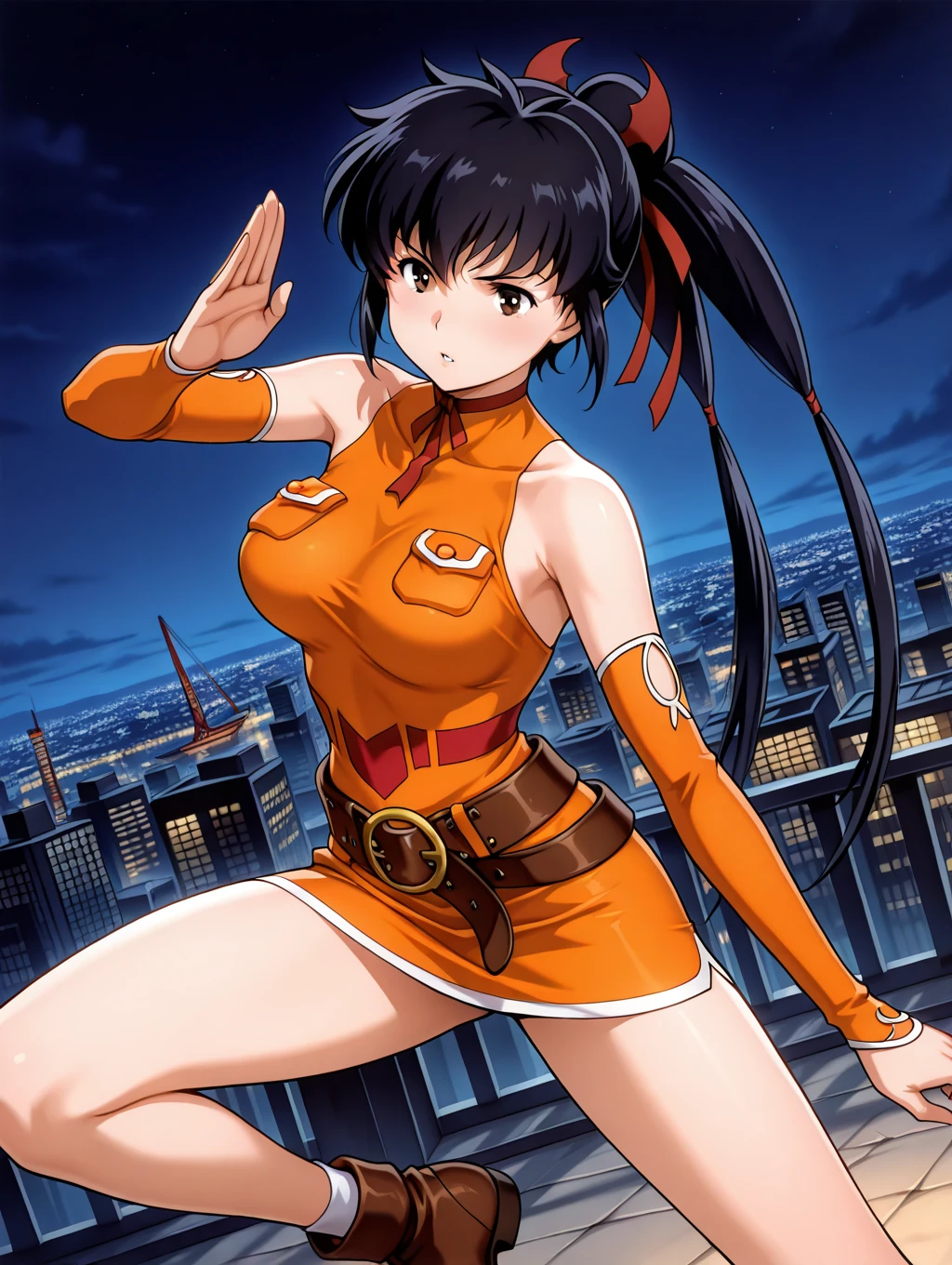 masterpiece, best quality, highres, 1girl, solo, superhero, leotard, blue and white leotard, bare legs, brown hair, short hair, brown eyes, hairband, medium hair, ribbon, boots, matching boots, blue boots, medium breasts, cowboy shot, smile, sky backdrop, haruhi suzumiya, kyoani haruhi style, sleeveless, flying, floating. looking at viewer, perfect arms, perfect legs, perfect hands, perfect feet, perfect fingers, hands with 5 fingers