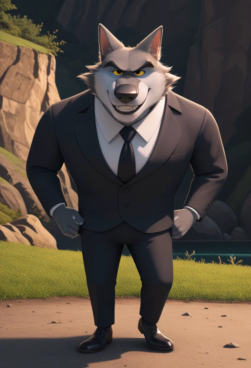 score_9, score_8_up, score_7_up, cartoon_style, ((by BodiPhant0m)), byBodiRDz, 4k, 8k, The best quality, very well drawn, detailed, high quality, detailed, 4k, high resolution, high quality, high resolution, outdoors, furry character, canine, 2d, solo, against the backdrop of the river, 
rockdog, linnux,
style rock dog, movie style, style[rockdog], rockdog, male, gray wolf, wolf boy, wolf, linnux,
(short) and fat, they wear dark suits with black ties, dark gray fur, a light gray muzzle and yellow eyes
(sexy), naked, exposed, easynegative, Split Lighting style, partially covered in shadow,
hands on hips, evil smile, (angry), (smile), (laughter),