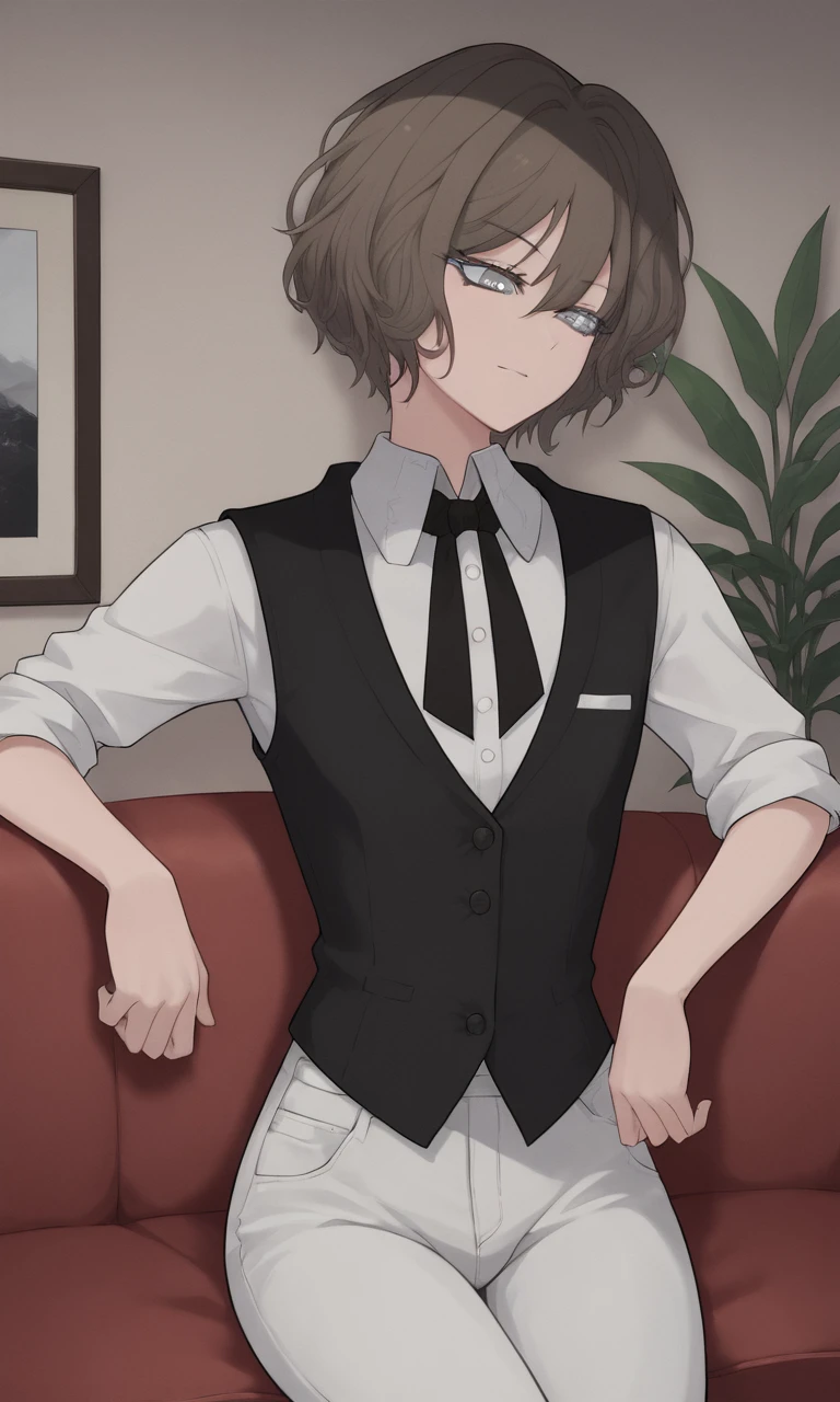 score_9, score_8_up, score_7_up, source_anime, anime illustration, masterpiece, best quality, lots of details, detailed background, indoors, cover page, cover, textured, detailed, fancy lounge, couch, BREAK
1boy, solo, 18 years old, femboy:0.1, adult, spanishswordsmanfemboy, short hair, brown hair, hair between eyes, bangs, grey eyes, (looking at viewer):1.5, vest, collared shirt, rolled up sleeves, pants