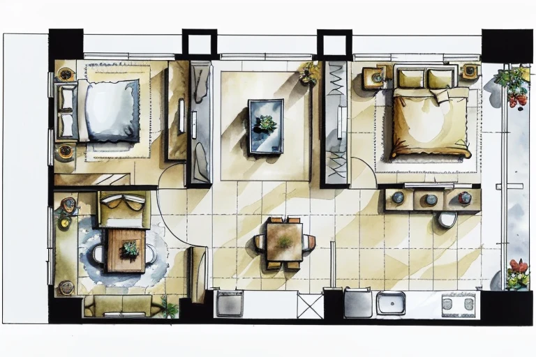 <lora:JJsFloorPlan_v2:.6>, ((best quality)),((masterpiece)),((realistic)), , chair , authentic, soft lighting , (((Floor plan))) ,indoor scenery,wall ,rug , lamp, flower, vase , chair ,ceiling , plant, window ,curtain ,television ,couch, ,water color , white background,
