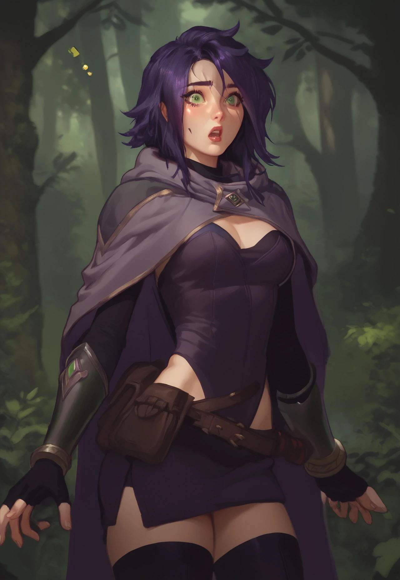 Grass, sky, Field, League of Legends, 1 girl, animal ears, bandage legs, long legs, bandage, bandage, bird legs, bird skull, layer, Shut up, ears through headdress, eyes visible through hair, facial marks, feathers, hood, hooded layer, wide, yellow eyes, Red hair, armor, blue chal, chal, chal, chal, chal wide, hooded chal, red dress, dress, nose ring, nostrils