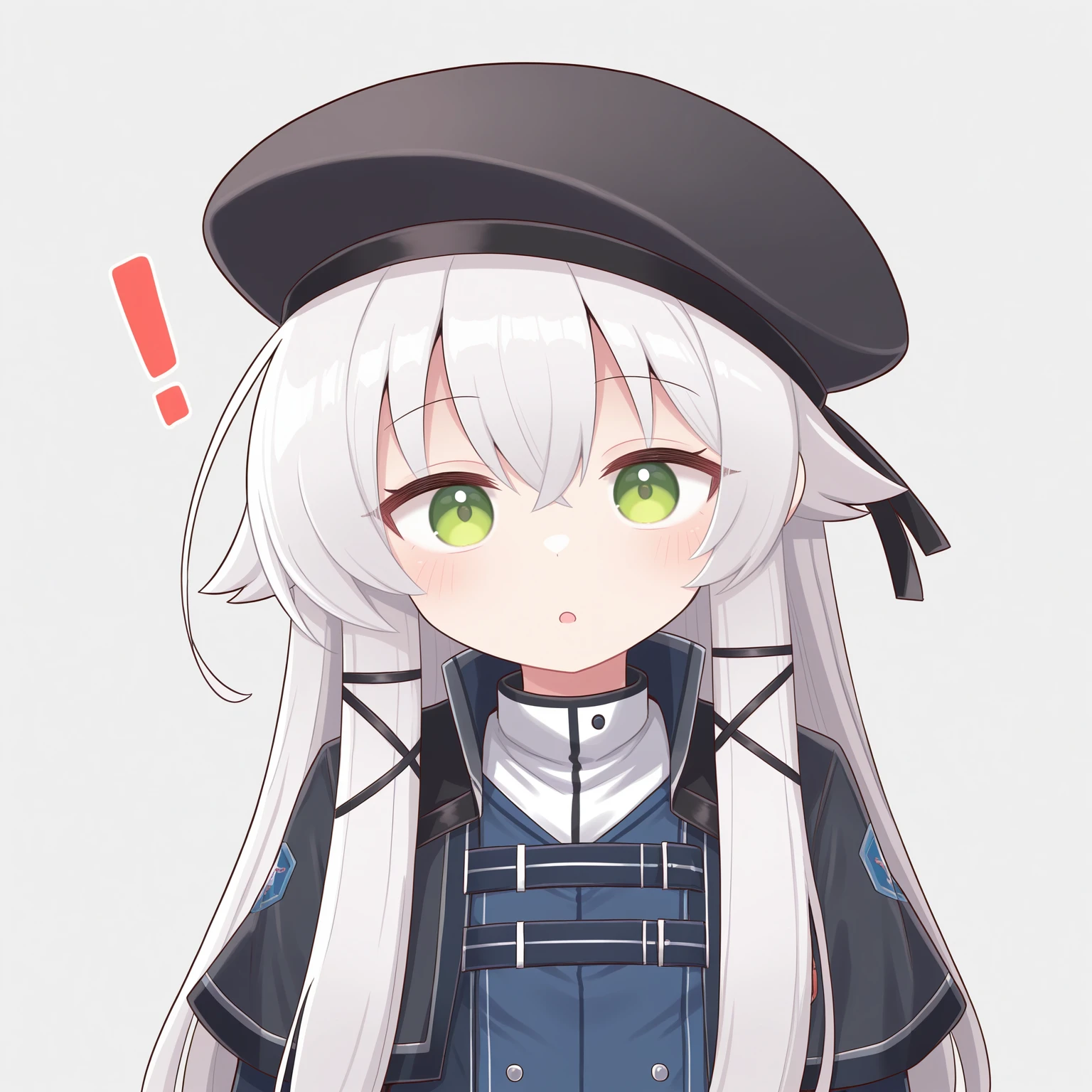 masterpiece, best quality, amazing quality, very aesthetic, absurdres, (naga_u:0.7), (subaru \(subachoco\):0.4), (e.o.:0.4)
1girl, solo,
<lora:AltinaOrionThors_Illustrious:1>, Altina Orion, white hair, long hair, sidelocks, tress ribbon, green eyes, flat chest, black hat, beret, blue shirt, school uniform, skirt,
white background, simple background, , surprised, shocked, !, exclamation mark, , , looking at viewer ,, cute, looking at viewer