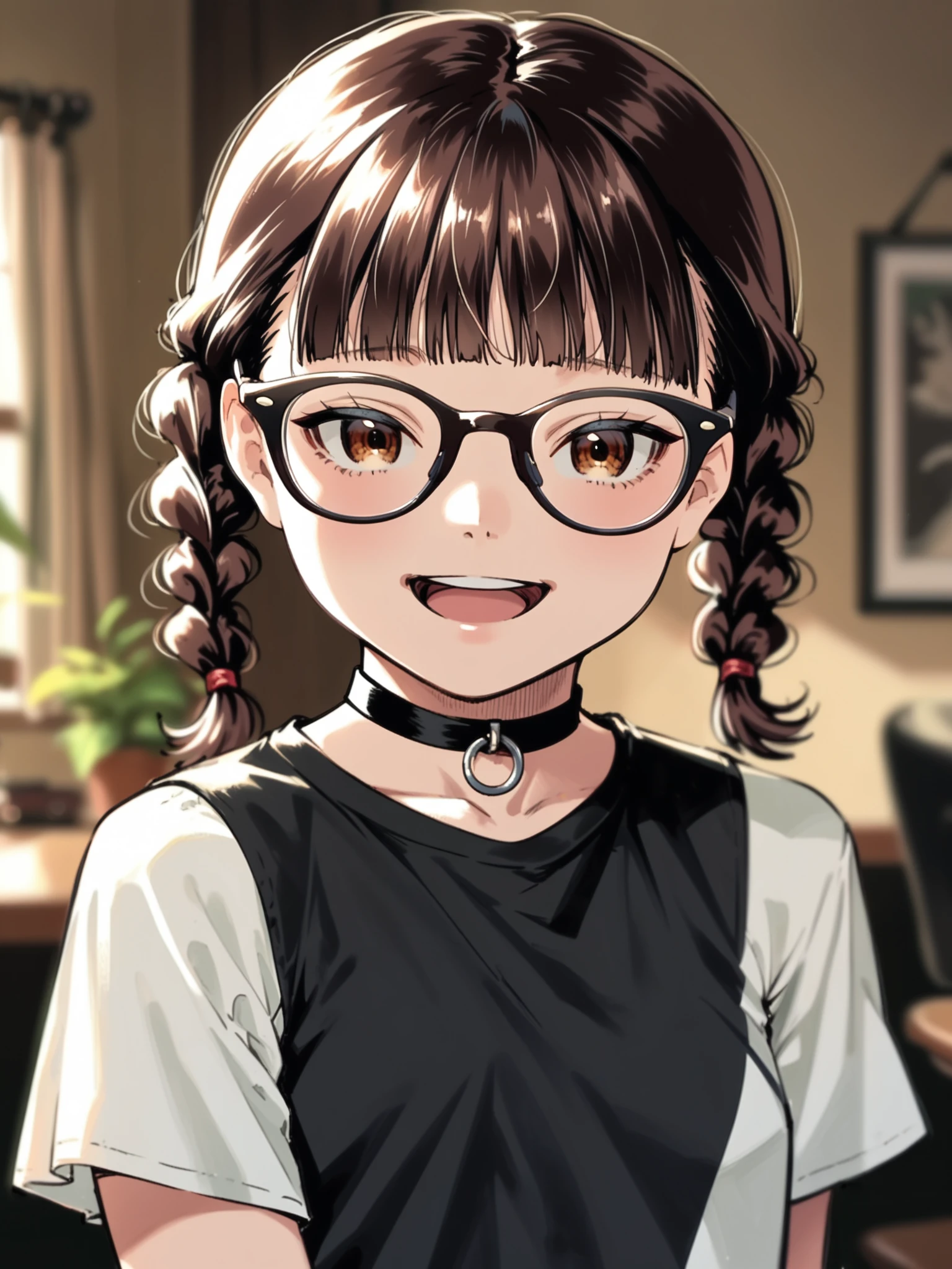 <lora:happy_tentacle-mitorinka-v0.2:1>, ht_mitorinka, glasses, small breasts, brown hair, brown eyes , smile, open mouth, indoors, goth fashion, black clothes, eyeliner, layered clothes, choker cowboy shot, 1girl, (petite:1.2), solo focus, (looking at viewer:1.1), sidelighting, (depth of field:0.8), , [(realistic, photorealistic:1.2):(realistic:1.2):22], [(3d:1.2)::12], <lora:LUUNA's Lunas-NijiJourney-SDXL-B2:0.5>, nijijourney, <lora:prgfrg23's Counterfeit-V3.0 Style SDXL_LoRA_Pony Diffusion V6 XL:0.35>, <lora:Shed_The_Skin's StS_age_slider_v1_initial_release:-1>, score_9, score_8_up, score_7_up, score_6_up, score_5_up, score_4_up