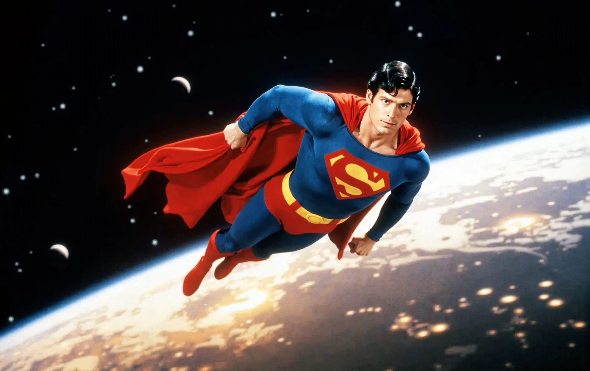 Superman flies through space, his iconic red and blue suit a stark contrast to the inky blackness of the cosmos, in a cinematic style reminiscent of classic sci-fi films, with bold lines, vibrant colors, and a sense of dynamic movement, set against a backdrop of stars, planets, and galaxies, with a warm golden light casting a heroic glow on the Man of Steel, as he soars through the void, his cape flowing behind him, in a scene that blends realistic and stylized elements, with a focus on action and drama, evoking a sense of wonder and adventure, in a 3D rendering with deep shadows and subtle texture.