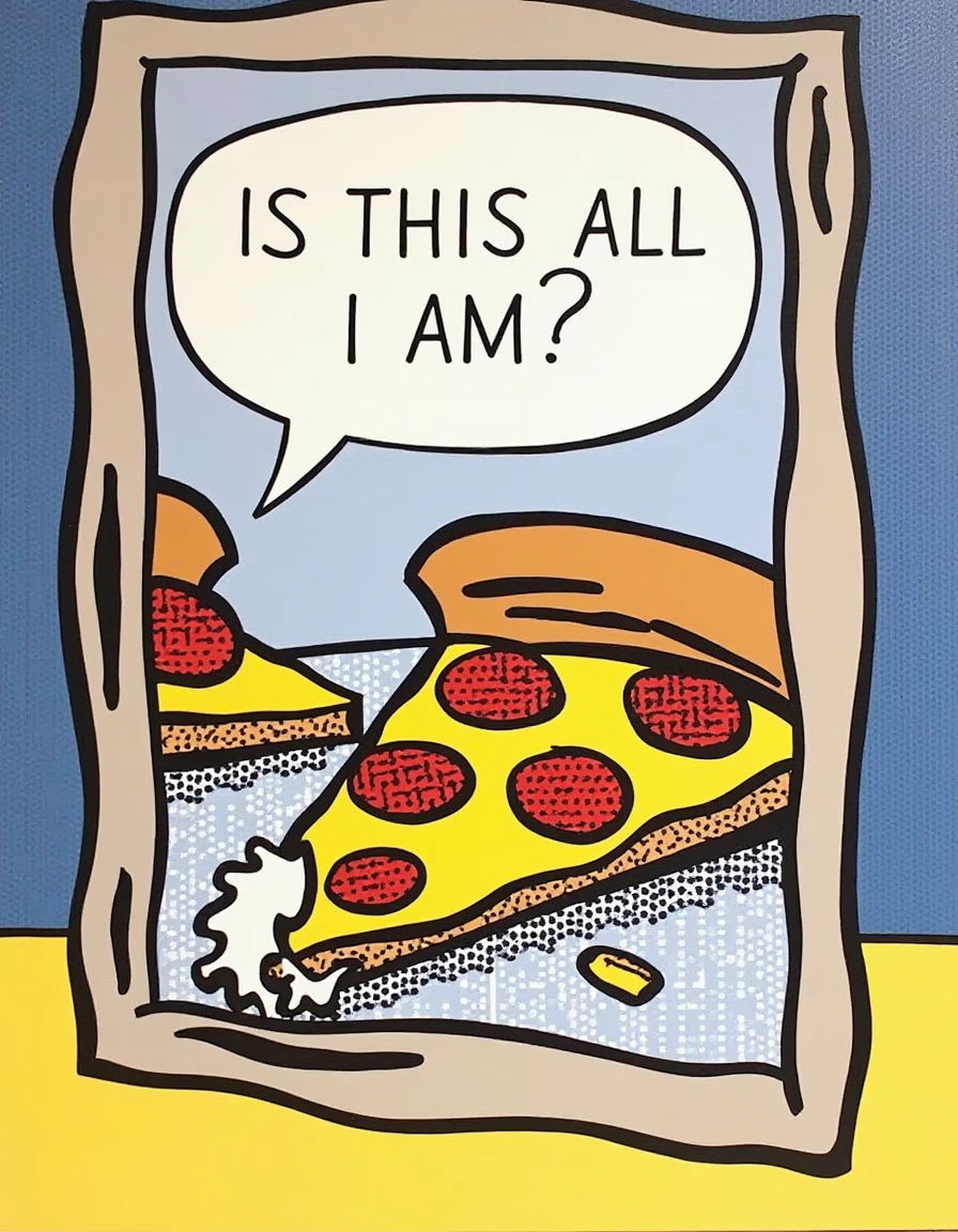 a dilchtnstn style pop art drawing drawing,  <lora:Roy-Lichtenstein_v20-000037:1>,  A slice of pizza with a bite taken out, staring at its reflection in a mirror, a speech bubble saying, "IS THIS ALL I AM?" close-up, straight-on angle