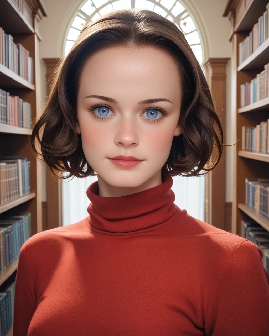 score_9,score_8_up,score_7_up,masterpiece,best quality,amazing quality, absurdres, solo <lora:100_alexis_3b_pdxl:1> alex1sbl3d3l, realistic, blue eyes, brunette hair, forehead, short hair, red turtleneck, looking at viewer, upper body, indoors, library