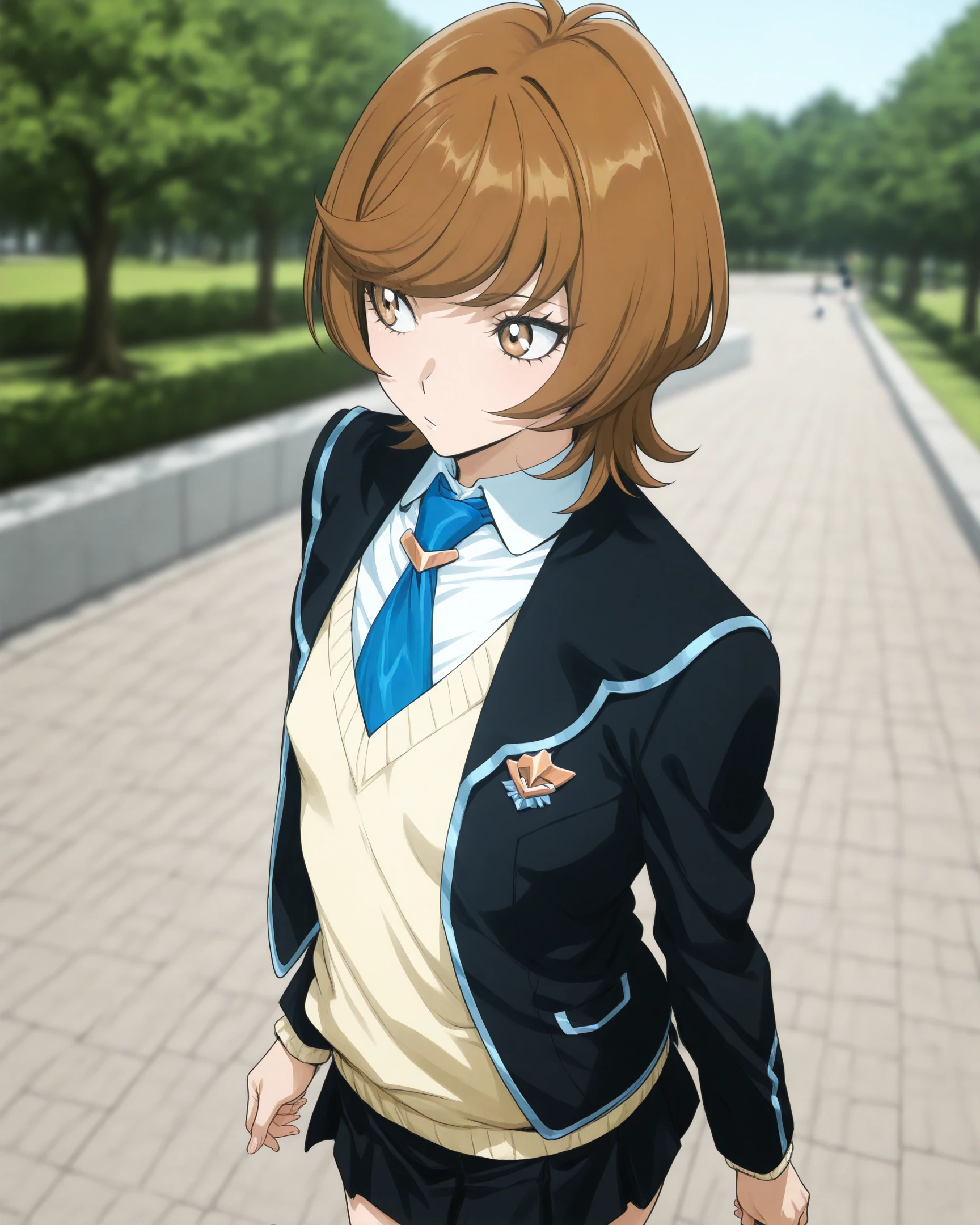 masterpiece, best quality, high resolution, absurdres,1girl,newest,kubo tite \(style\),explicit,anime coloring,flat color,
<lora:AoiZaizen_ill_v1:1>,
SKYAOI,short hair,brown hair,brown eyes,school uniform,white shirt,collar,blazer,black jacket,blue necktie,yellow sweater,long sleeves,pleated skirt,black skirt,
walking,
small breasts,<lora:Torpedo breasts IXL 2:0.5>,pointy breasts,
park, depth of field,