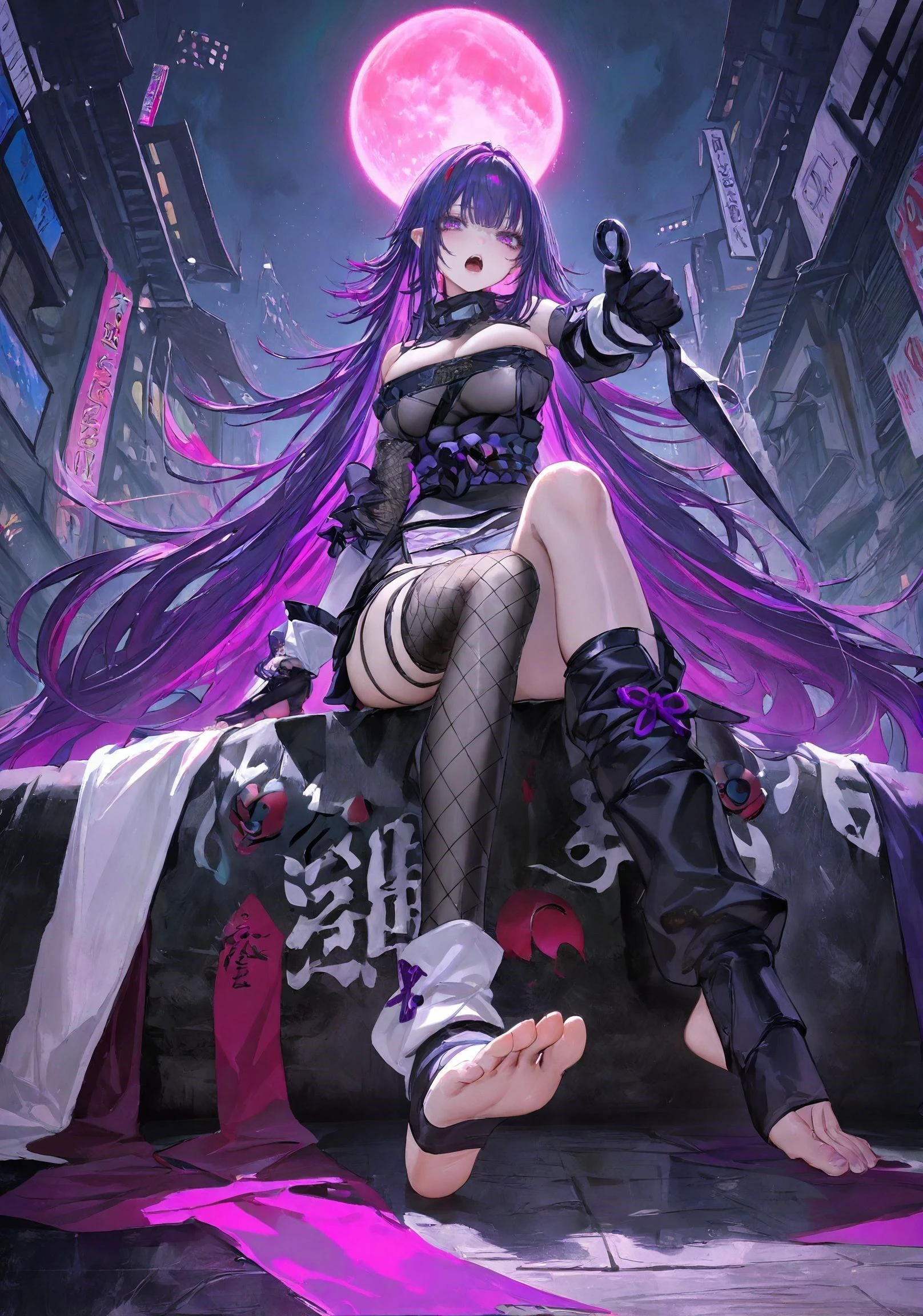 XUER guangying,1girl,solo,long hair,breasts,looking at viewer,open mouth,large breasts,thighhighs,gloves,holding,bare shoulders,sitting,very long hair,purple eyes,full body,weapon,purple hair,multicolored hair,virtual youtuber,holding weapon,feet,streaked hair,toes,night,soles,moon,fishnets,full moon,asymmetrical legwear,ninja,toeless legwear,kunai,
<lora:绪儿 厚涂构图光影质感增强V3:0.9>,
(artist:quasarcake:0.8),extreme aesthetic,(wlop:0.6),honjou honjou raita,lack,rella,wanke,raita,lack,rella,wanke,masterpiece,best quality,good quality,newest,year 2024,year 2023,very aesthetic,absurdres,Visual impact,A shot with tension,
ultra-high resolution,32K UHD,sharp focus,best-quality,masterpiece,Emotionalization,unconventional supreme masterpiece,masterful details,temperate atmosphere,with a high-end texture,in  the style of fashion photography,(Visual impact:1.2),giving the poster a dynamic and visually striking appearance,impactful picture,
offcial art,colorful,movie perspective,masterpiece,best quality,amazing quality,very aesthetic,absurdres,best quality,newest,