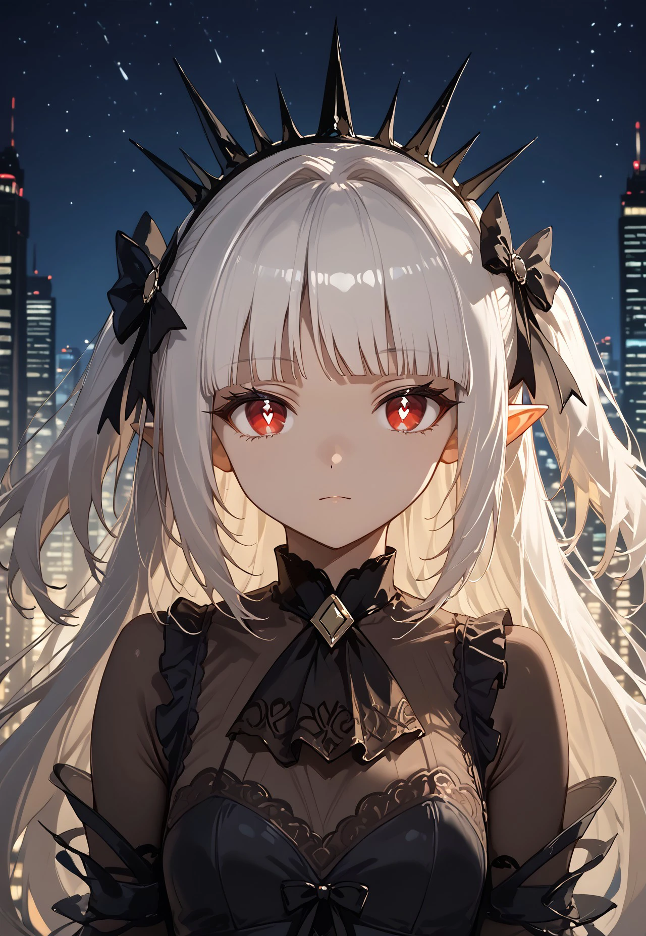 1girl, solo, solo focus, highres, absurdres, ABaoAQu, very long hair, red eyes, blunt bangs, white hair, two side up, black bow, pointy ears, hair bow, hairband, crown, tiara, white pupils,
looking at viewer, close-up, eye focus, portrait,
cityscape, neon lights, shade, night, night sky, dark, backlighting,
