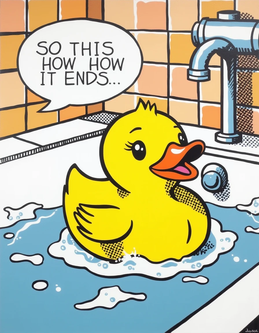 a dilchtnstn style pop art painting drawing, <lora:Roy-Lichtenstein_v20-000037:1>, A rubber duck floating in a bathtub, bubbles everywhere, a speech bubble saying, "SO THIS IS HOW IT ENDS..." close-up, straight-on angle