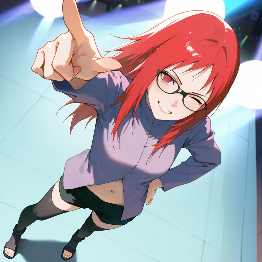 1girl,solo,Karin Uzumaki,red hair,long hair,red eyes,glasses,purple jacket,navel,black shorts,black thighhighs,toeless footwear,one hand on hip,full body,smile,teeth, one eye closed,concert,stage, stage lights,perspective,from above,pointing at viewer,artist:dino (dinoartforame):0.8,best quality,masterpiece,highres,absurdres,8k