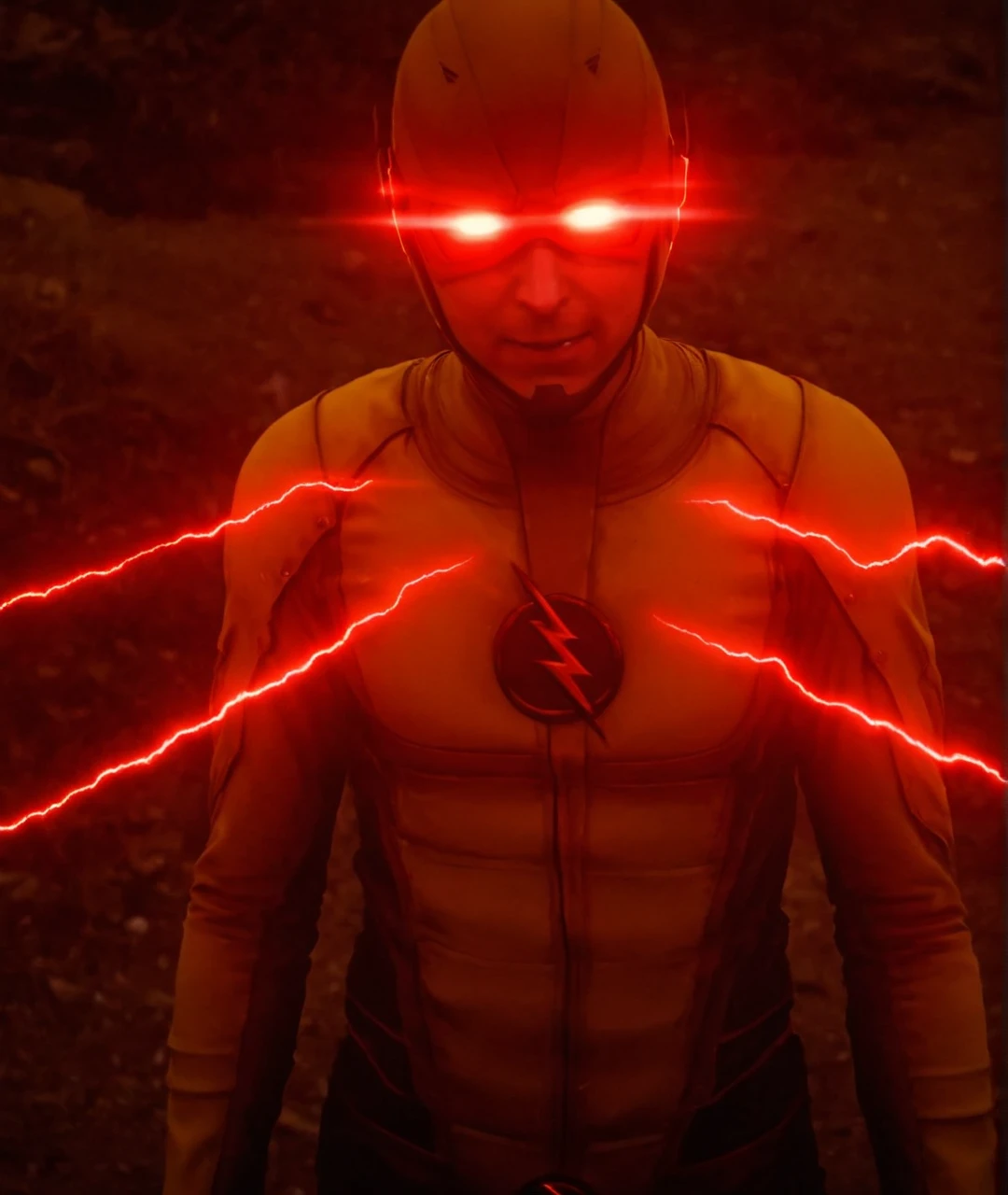 Reverse flash emitting red lightning out of his body with glowing red eyes, <lora:Reverse_Flash_Lora:1>