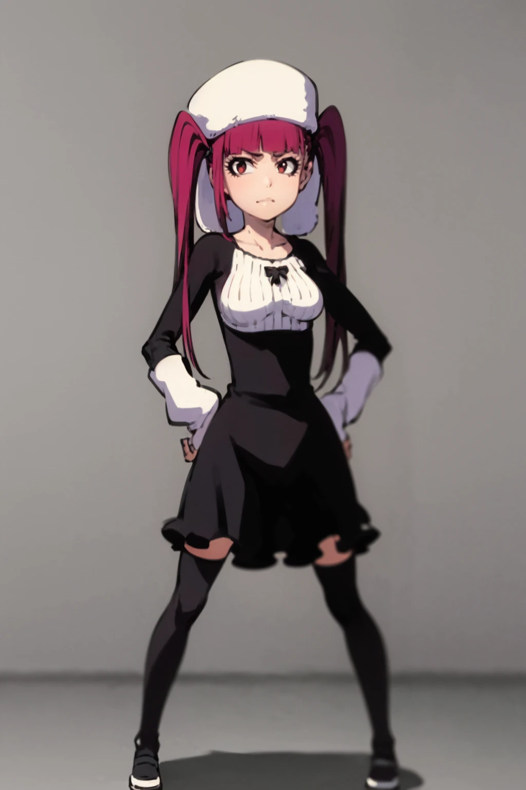 masterpiece, best quality,
1girl, rirukadokugamine, purple hair, twintails, long hair, red eyes,
dress, hat, black thighhighs,
hands on hips, full body, solo, looking at viewer, simple background, solid grey background <lora:RirukaDokugamineV2_byKonan:1>