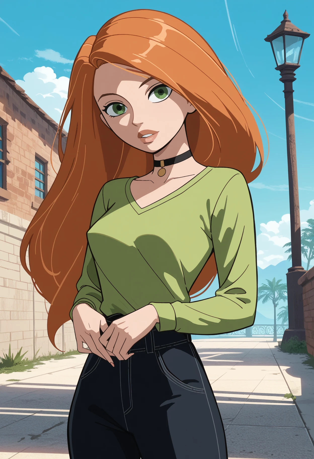 score_9, score_8_up, score_7_up, score_6_up, <lora:NM_kp_kimberly:1>, BREAK NM_kp_kimberly, 1girl, solo, green eyes, long hair, orange hair, breasts, lips, shirt, green shirt, long sleeves, pants, black pants, choker, black choker, blue sky, outdoors, sky, looking at viewer