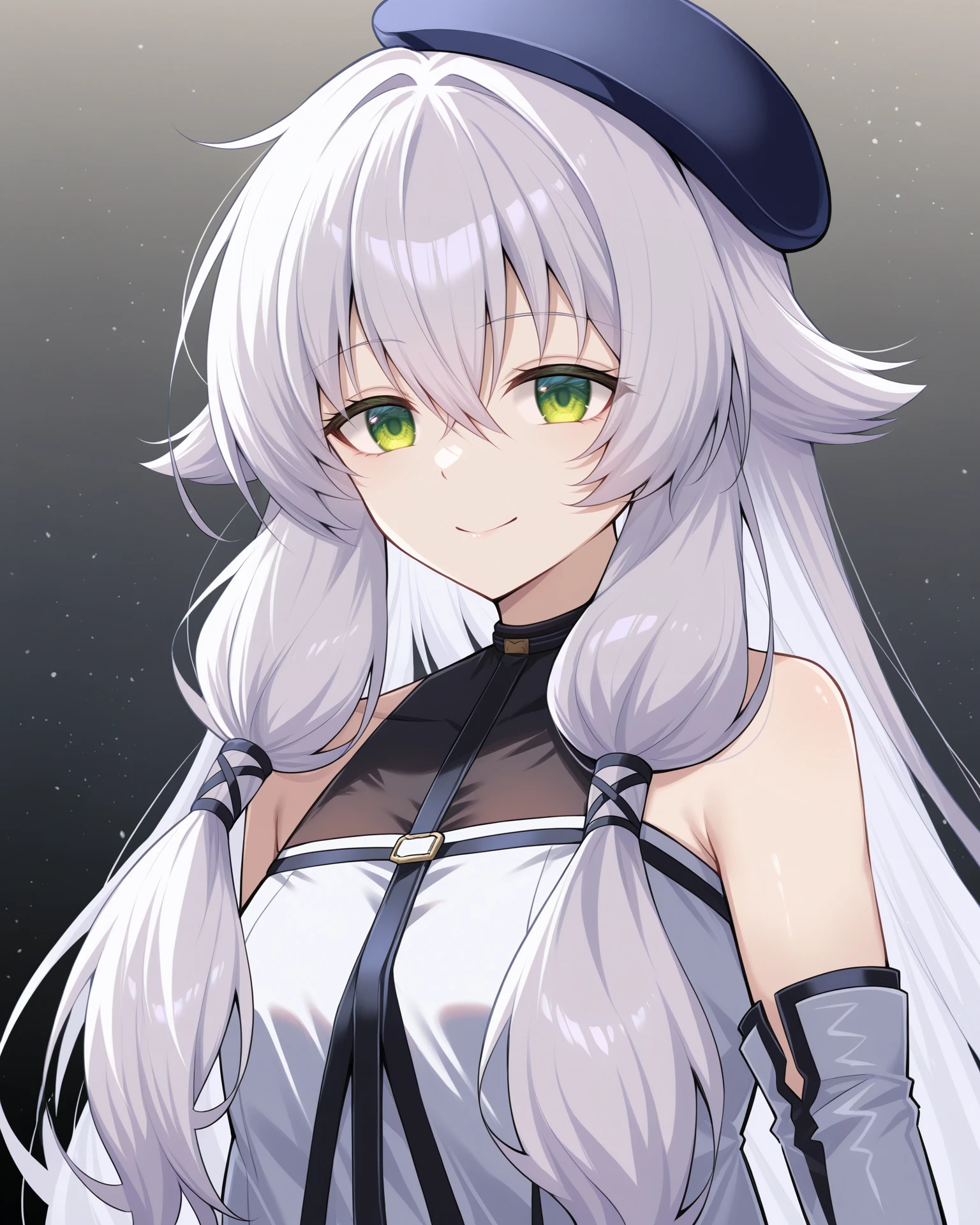 masterpiece, best quality, amazing quality, very aesthetic, absurdres, (by e.o.:0.7), (by chiharu \(9654784\):0.4), (by racoon-kun.:0.4),
1girl, solo,
<lora:AltinaKai_Illustrious:1>, Altina Orion, white hair, long hair, tress ribbon, sidelocks, green eyes, small breasts, beret, white dress, detached sleeves, black pantyhose, white boots,,
simple background, black background, particles, upper body, portrait,
looking at viewer, smile,