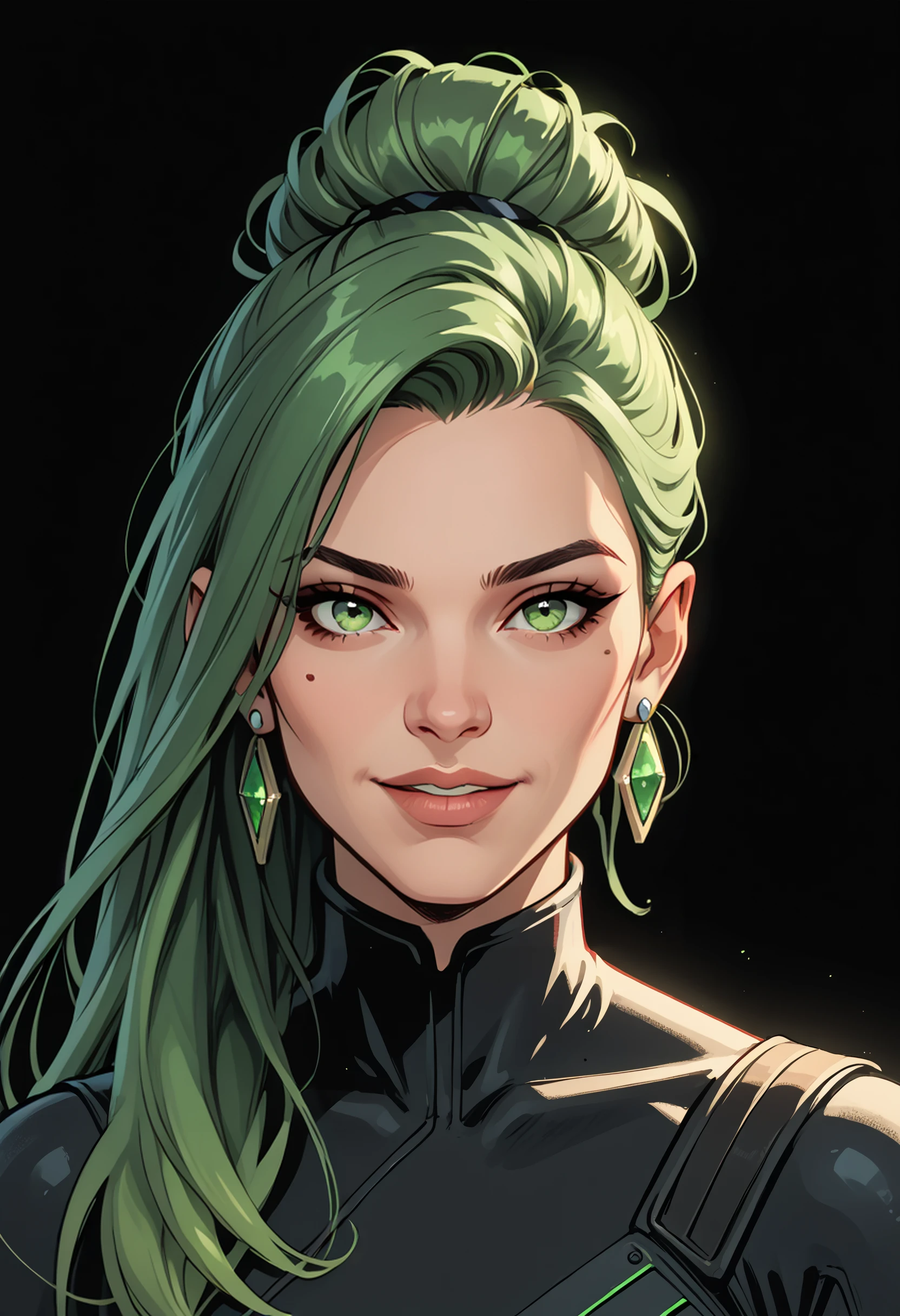 PonyXLV6_Scores 1girl, solo, green hair, green eyes, mole, mole under eye, looking at viewer, jewelry, hair bun, single hair bun, hair behind ear, parted lips, earrings, long hair, smile, black background, portrait, simple background, bodysuit, best quality, very aesthetic, absurdres, cinematic lighting, cinematic angle, comic art style, extremely detailed, illustrated ,