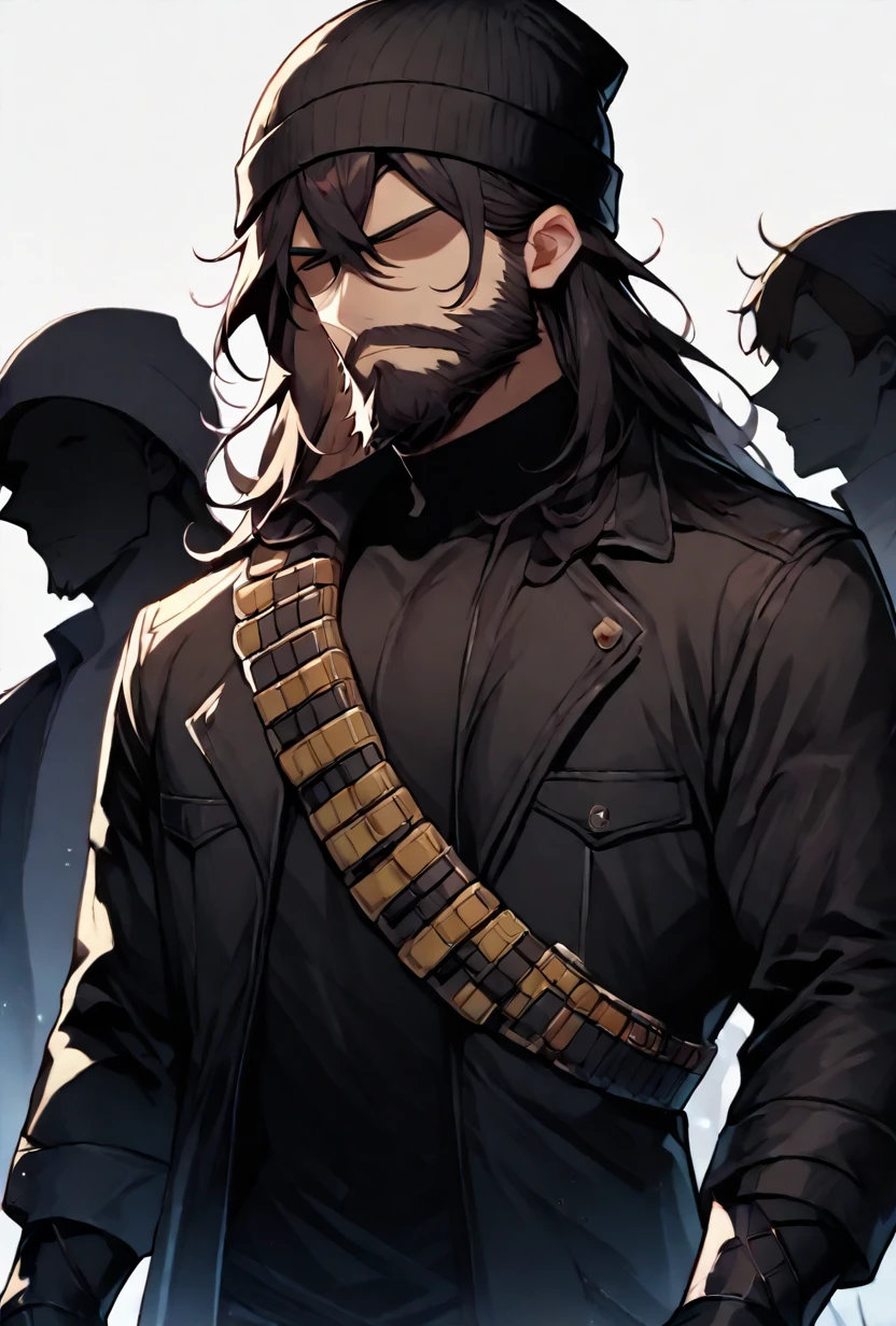 <lora:jeezo-09:1> jeezo, male focus, facial hair, beard, brown hair, long hair, beanie, black fingerless gloves, long jacket, black headwear, black jacket, long sleeves, , Bandolier <lora:Shadows_illusXLNoobAI_Incrs_v1.2:1> colored skin, black skin, (black hair, silhouette:1.5), no eyes, faceless, no highlights, masterpiece, best quality, amazing quality, very aesthetic, absurdres, newest,