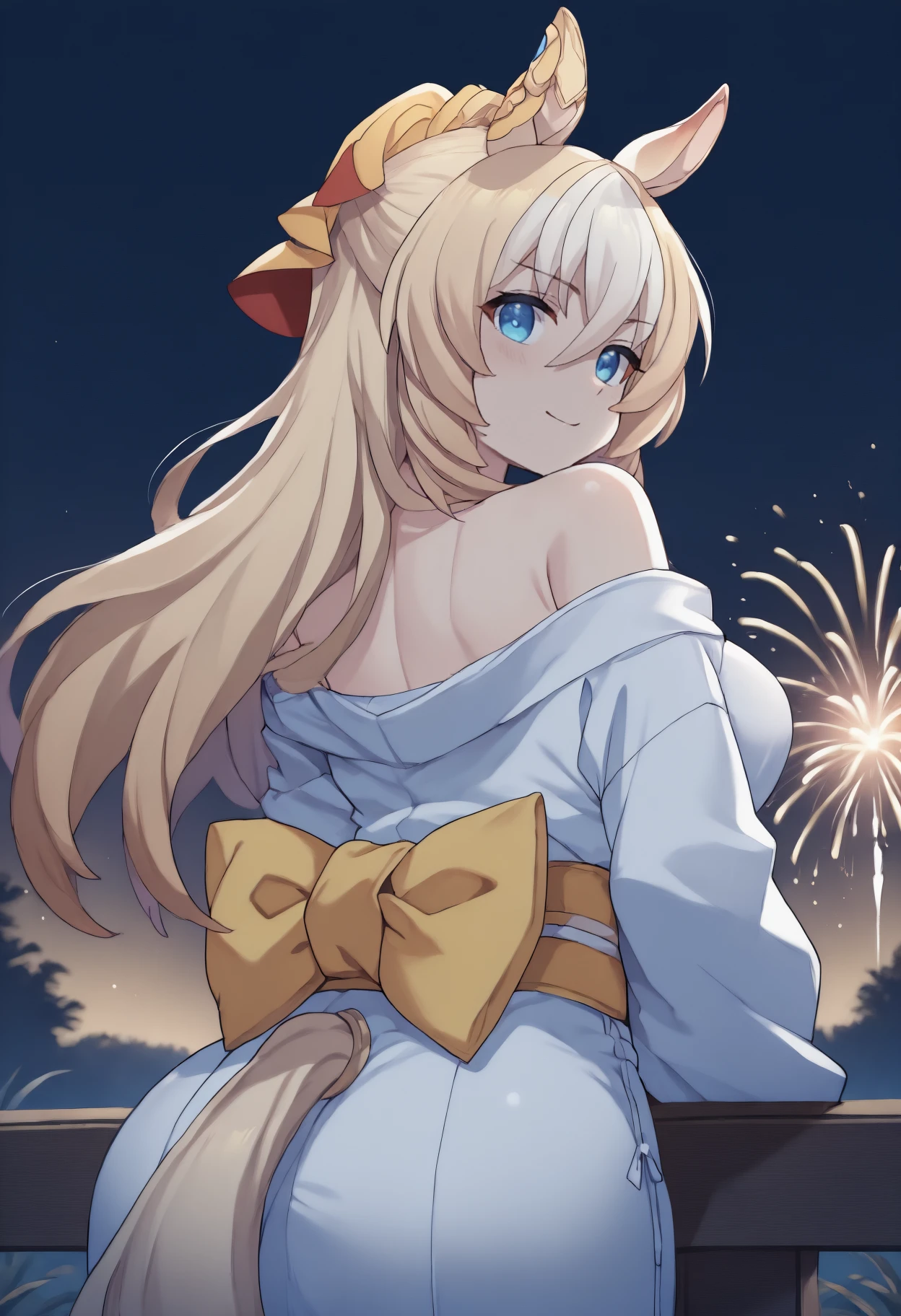 anime, masterpiece, best quality, from behind, solo, 1girl, horse tail, slight smile, looking back, long hair, streaked hair, blonde hair, white hair, hair between eyes, animal ears, ear ornament, blue eyes, japanese clothes, white kimono, off shoulder, yellow sash, bare shoulders, outdoors, night, fireworks
<segment:yolo-Anzhc Face seg 640 v2 y8n.pt,0.4,0.5//cid=1>