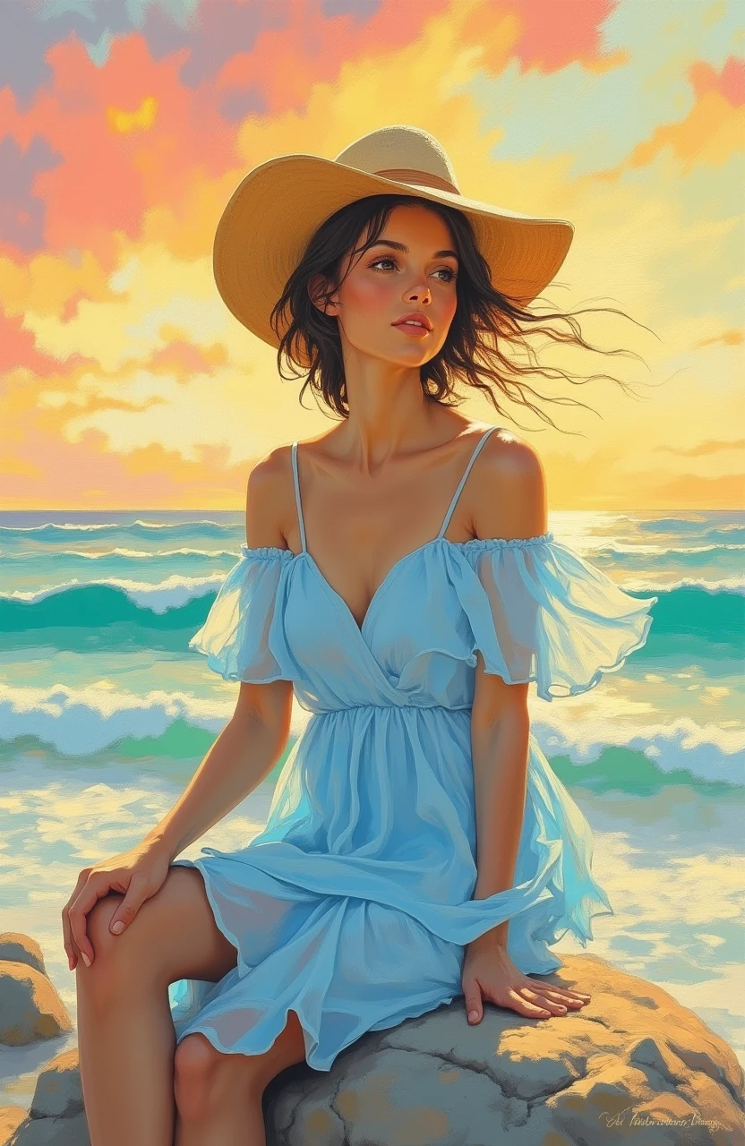 This is an oil painting depicting a 40-year-old brunette of small stature in a flowing light blue off-the-shoulder dress sitting on a rock on the beach at sunset. She wears a wide-brimmed summer hat on her head. The sky is painted with bright shades of orange, yellow and pink, which smoothly merge into a calm turquoise ocean. The woman's short wavy hair is blowing in the wind, and her expression is serene and thoughtful. The overall style of the work is reminiscent of Impressionist art, with soft, flowing brush strokes and a dreamy, ethereal atmosphere.