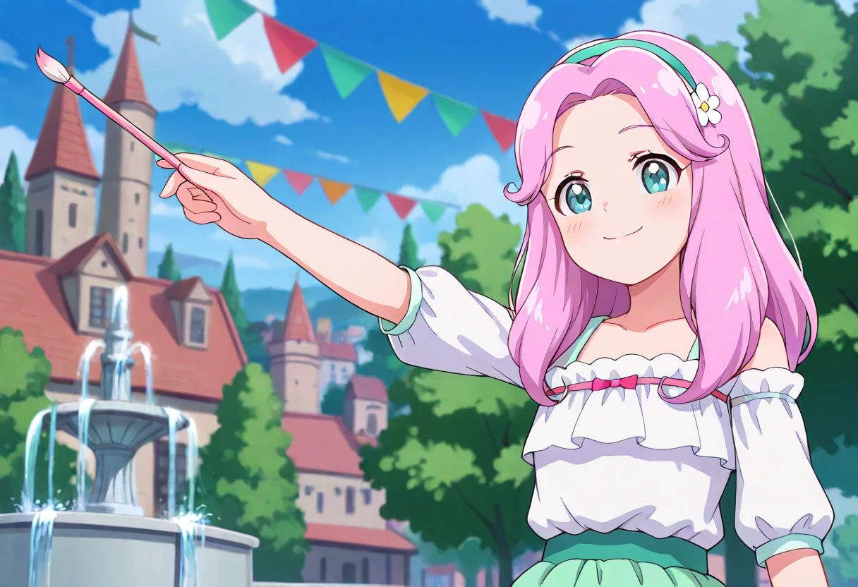 masterpiece, best quality, absurdres, very aesthetic, general,
hanami kotoha, casual, 1girl, pink hair, green eyes, smile, solo, long hair, day, outdoors, cloud, closed mouth, hair flower, blue sky, shiny hair, off-shoulder shirt, collarbone, white shirt, looking at viewer, building, upper body, wand, green skirt, string of flags, bare shoulders, puffy short sleeves, blush, green hairband, outstretched arm, off shoulder, hair intakes, blouse, castle, cloudy sky, happy, flag, standing, tree, pink bow, house, holding wand, white flower, eyelashes, aqua eyes, pennant, white blouse, blurry background, parted bangs, short hair, tower, ribbon, aqua hairband, fountain, town, pen, holding pen, paintbrush,
<lora:cure_felice_hanami_kotoha_illustXL_locon_v1:0.7>