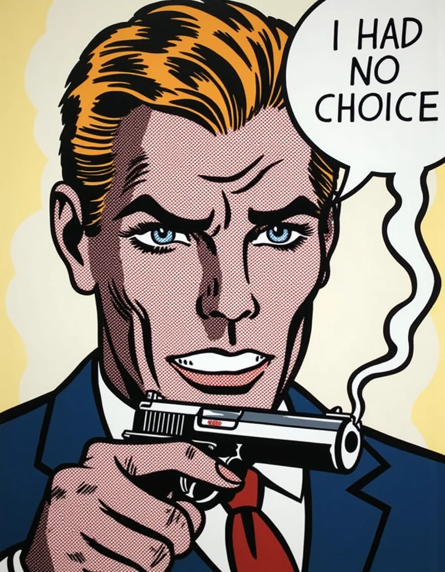 a dilchtnstn style pop art comic drawing,  <lora:Roy-Lichtenstein_v20-000037:1>,  A man holding a smoking gun, his expression grim, a speech bubble saying, "I HAD NO CHOICE." close-up, straight-on angle