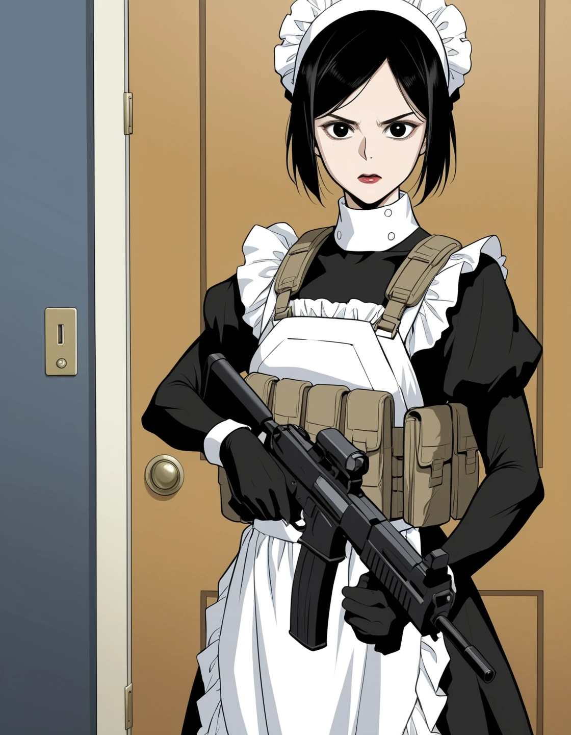 masterpiece, best quality, very aesthetic, highres, absurdres,1girl, solo <anime, detailed digital art, 3/4 body, <lora:rwshiori-illust:1>, rwshiori, , maid, weapon, futuristic gun, maid apron, maid headdress, apron, short hair, holding weapon, tactical vest, long hair, holding gun, holding, determined expression, dress, walking out of a door, bodysuit,