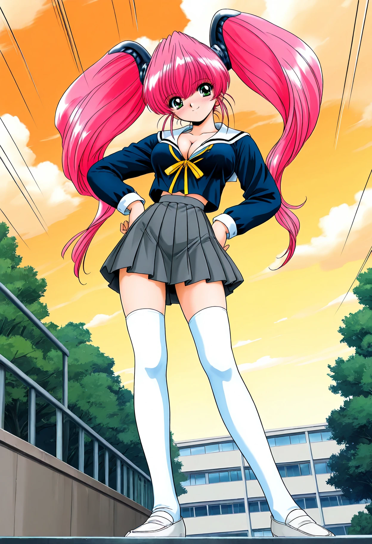 Anime girl with pink hair and a blue dress standing on a platform ...