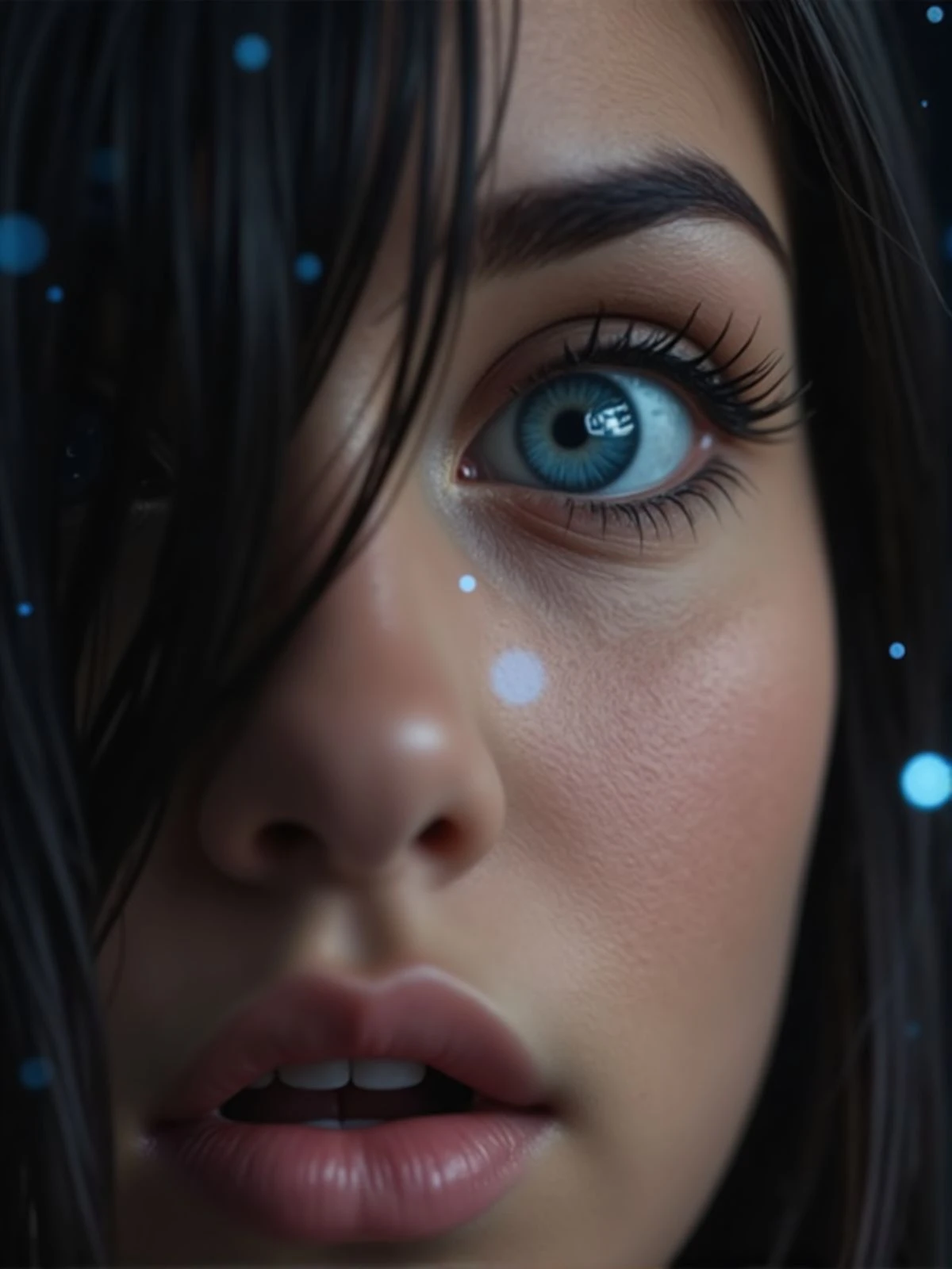 Sharp close shot of a young woman eye. Surprised, open mouth. There is a black wall behind her and magical floating particles. <lora:woomy-1-flux:1> blue eyes, black hair,