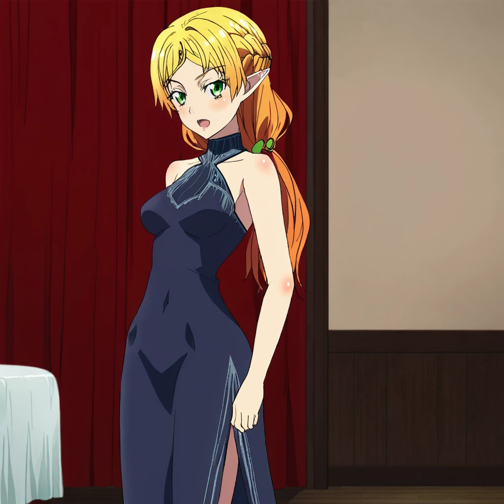 <lora:sui_pony_v1:.8> Sui, 1girl, green eyes, blonde hair, pointy ears, long hair, braid, elf, ponytail, cowboy shot, <lora:0932 Home wear 9_v1_pony:1> ruanyi0932,blue dress,halter dress,sleeveless,cowboy shot,taut dress,skin tight,long dress