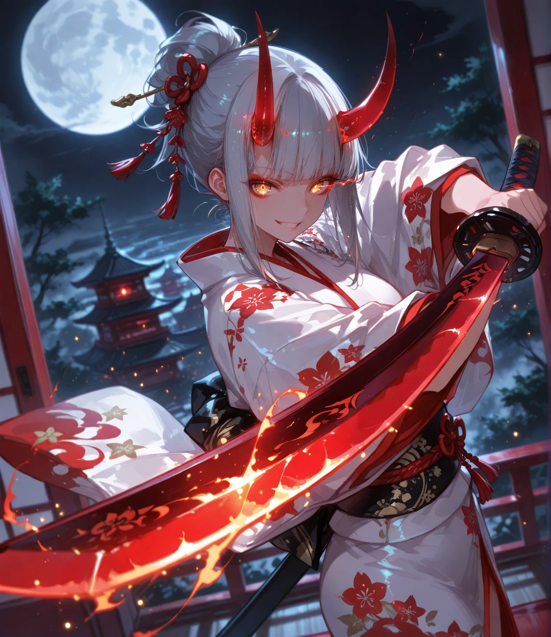 (masterpiece, best quality:1.2), amazing quality, very aesthetic, 32k, absurdres, extremely beautiful, newest, scenery, extra details, (sharp detailed:1.2), sharp focus, absurdres, official art, detailed anatomy, correct anatomy, (nakamura_regura:0.5), character focus,
1girl, silver hair, hair bun, golden eyes, sidelocks, hime cut, blunt bangs, hair ornament, glowing eye, glowing eye trails, japanese clothes, white kimono, print kimono, black print, glowing, looking at viewer, obi, sash, horns, glowing horns, particles, (glowing particles:1.3), epic, moon, moon shine, wide smile, grin, holding weapon, katana, glowing blade, glowing flame, glowing energy, windy, floating greens,
detailed, (shiny skin), soft shaded, depth of field, ruby theme, fog, red theme, <lora:yakumo_alchemy_style:1.0> <lora:dkdravenV7_r1:0.4>