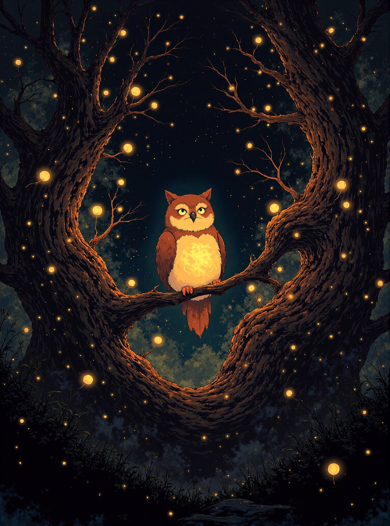 A mystical and enchanting illustration of a glowing owl perched on a dark, ancient tree. The owl has striking golden-yellow eyes that seem to glow in the darkness, and its chest radiates with a soft, magical light resembling a tiny orb or a flame. The feathers are intricately detailed, shimmering with hues of brown, gold, and amber, adding to its ethereal presence.
The tree is gnarled and aged, with twisted branches and vines adorned with luminous, pale yellow leaves that seem to emit a faint glow. The background is a pitch-black night sky filled with tiny, sparkling stars, creating a sense of depth and wonder. The scene exudes a magical and mysterious atmosphere, with the owl appearing as a guardian or mystical being in a dark forest.
The lighting emphasizes the glowing elements, including the owl's chest and the leaves, contrasting beautifully with the dark surroundings. The composition focuses on the owl, making it the central, mesmerizing focal point.
<lora:ì묵í_No2:0.8>