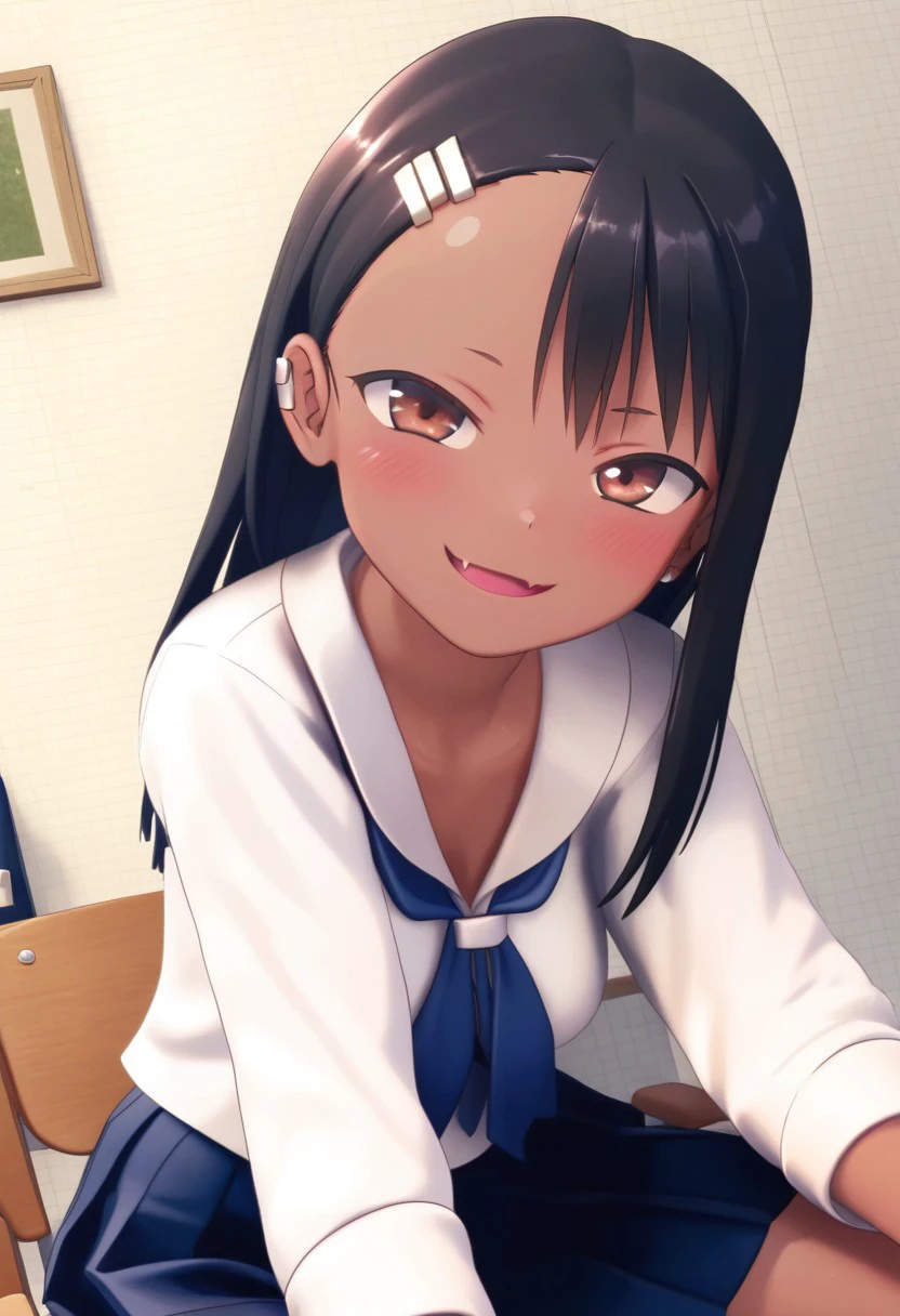 score_9, score_8_up, score_8, medium breasts, (curvy), cute, eyelashes, BREAK, , BREAK, nagatoro hayase, long hair, bangs, black hair, hair ornament, brown eyes, hairclip, fang, dark skin, dark-skinned female, tan, skirt, shirt, school uniform, white shirt, pleated skirt, nail polish, blue skirt, red nails, earclip, <lora:NagatoroHayasePDXL_v1:0.8>,, <lora:CustomUdon_PDXL:1.0>, , BREAK, smile, looking at viewer, cowboy shot, embedding:zPDXL, Expressiveh, <lora:SDXLFaeTastic2400:0.5>, <lora:Expressive_H-000001:0.4>,