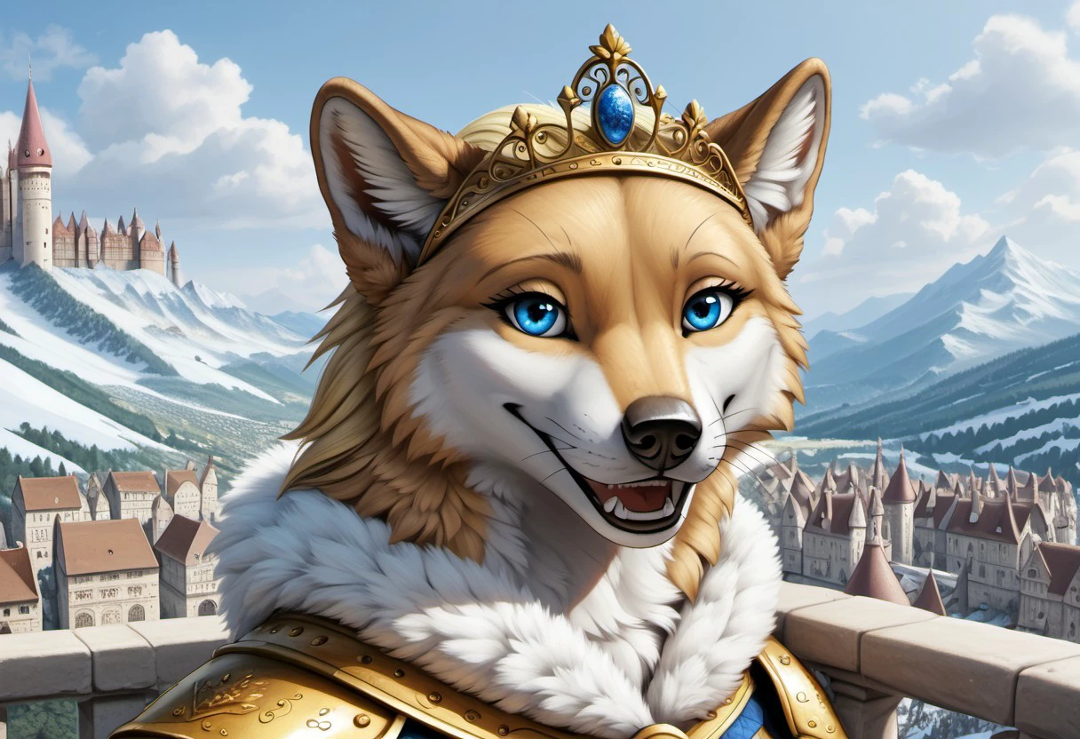 female wolf, artic wolf, voluptuous figure, tufted fur, tufted ears, cheast tuft, fluffy canine tail, detailed fur, detailed body, detailed face, open smile, long blonde hair, canine teeth, white and golden fur, blue eyes, golden tiara, golden knight armor, holding golden sapphire scepter, golden belt, white fur cape, white gloves, whiskers, medium breasts, solo, seductive look, detailed background, feminine golden eyebrowns, medieval castle, balcony, overview, medieval city, close-up, mountains, valley, winter, snowing,