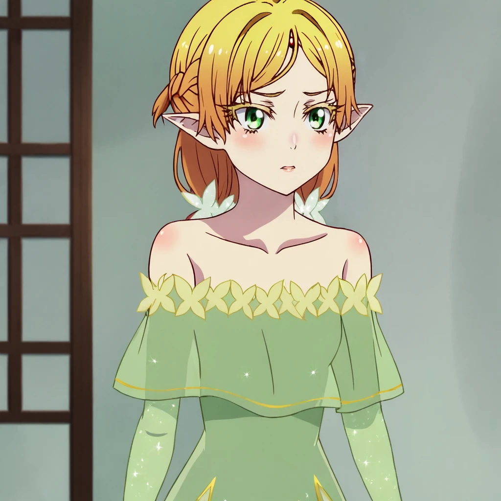 <lora:sui_pony_v1:.8> SuiDress, pointy ears, green eyes, off-shoulder dress, blonde hair, 1girl, collarbone, bare shoulders, french braid, green dress, off shoulder, short hair, bangs, cowboy shot