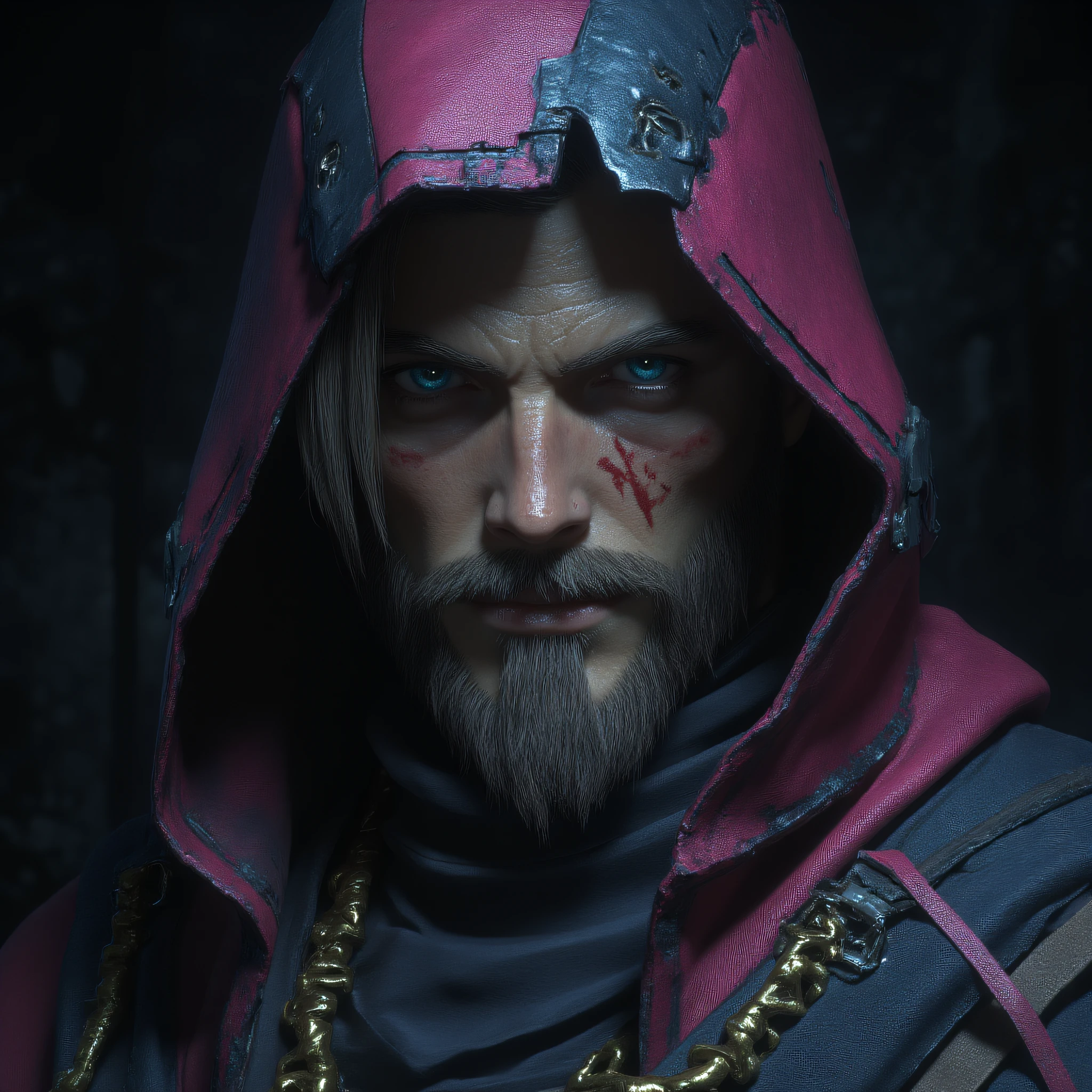 ArsMJStyle, Crimson Luminary, The image shows an animated man with blue eyes and a beard wearing a red hoodie set against a dark background. He appears to be a character from the game Diablo III Reaper of Souls as indicated by the title of the image "Darksiders II Deathinitive Edition"., 1boy, solo, male focus, facial hair, beard, realistic, looking at viewer, hood, scar, portrait