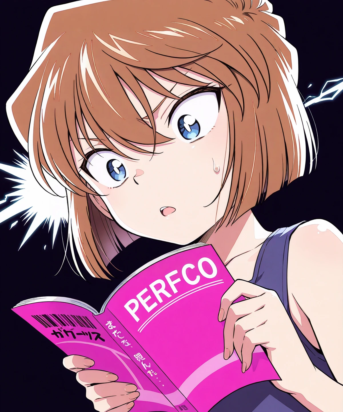 masterpiece,best quality,absurdres,highres,very aesthetic,high quality,detailed,insanely detailed,beautiful,perfect lighting,very awa,
<lora:spo_sdxl_10ep_4k-data_lora_webui:1>,
1girl,solo,
<lora:Haibara Ai IL V2:1>,haibara ai,short hair,brown hair,blue eyes,hair between eyes,female ,
holding magazine,constricted_pupils,sweatdrop,open mouth,looking down,upper body,
<lora:newtype_flash_IL_v1:1>,newtype_flash,
simple background,black background,dutch angle,