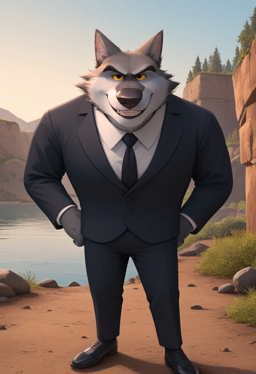 score_9, score_8_up, score_7_up, cartoon_style, ((by BodiPhant0m)), byBodiRDz, 4k, 8k, The best quality, very well drawn, detailed, high quality, detailed, 4k, high resolution, high quality, high resolution, outdoors, furry character, canine, 2d, solo, against the backdrop of the river, 
rockdog, linnux,
style rock dog, movie style, style[rockdog], rockdog, male, gray wolf, wolf boy, wolf, linnux,
(short) and fat, they wear dark suits with black ties, dark gray fur, a light gray muzzle and yellow eyes
(sexy), naked, exposed, easynegative, Split Lighting style, partially covered in shadow,
hands on hips, evil smile, (angry), (smile), (laughter),