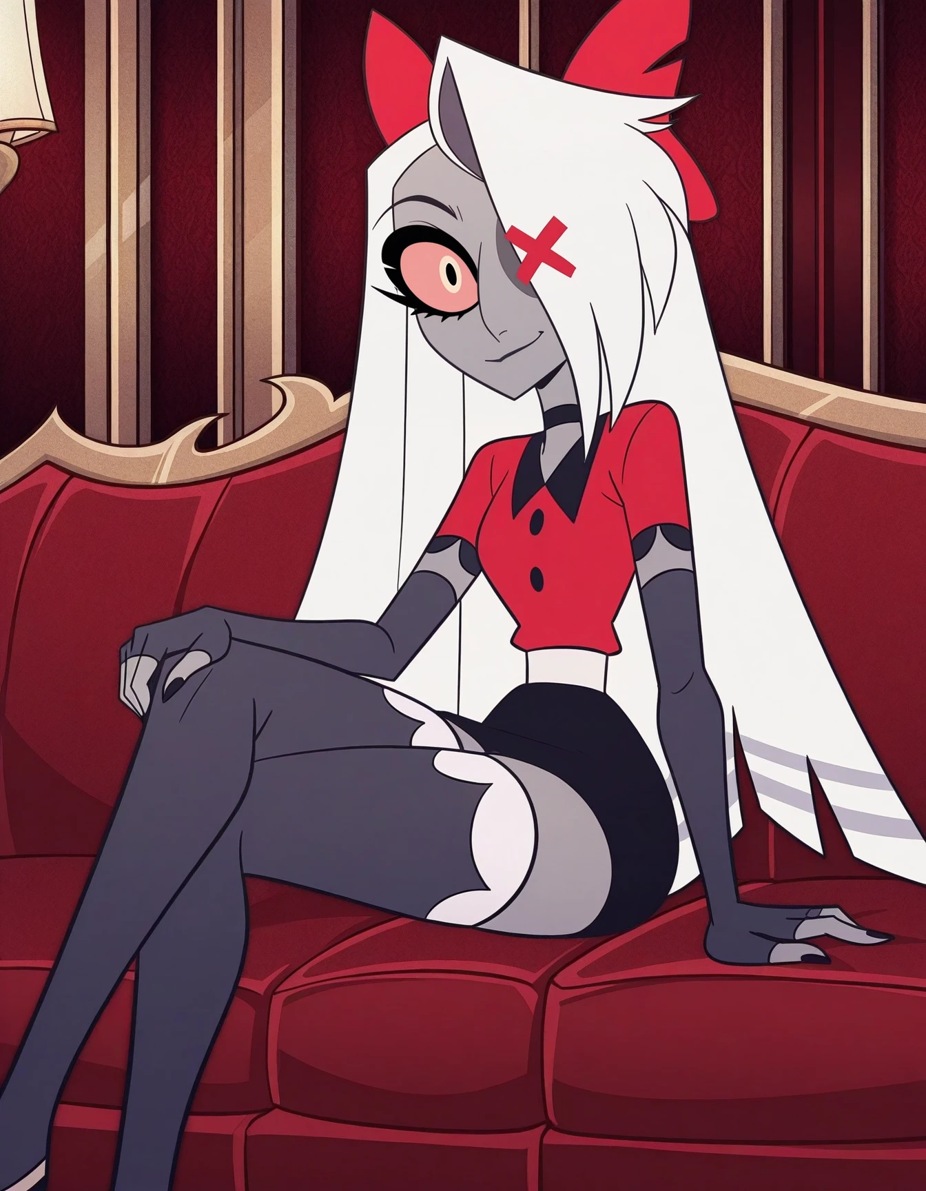 detailed, masterpiece, best quality, 
choker, red shirt, elbow gloves, white waistband, fingerless gloves, miniskirt, thighhighs, 
indoors,  
1girl, solo, sitting, looking at viewer, on couch, crossed legs, light smile, 
 <lora:hh-vaggie-rt:1.0> xvaggiex, white hair, long hair, grey skin, hair over one eye, x hair ornament, colored sclera, hair bow,