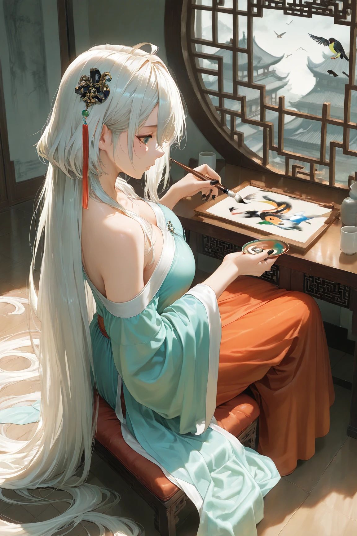 masterpiece,best quality,amazing quality,very absurdres,aesthetic,newest,impactful picture,offcial art,movie perspective,
tamaki \(doa\),mole,mole under eye,(white hair),hair between eyes, asymmetrical bangs, ahoge,black nails,
long hair, very long hair, solo, hair ornament, sitting, holding, absurdly long hair, off shoulder, chinese clothes, bare shoulders, bird, wide sleeves, long sleeves, cup, from side, hanfu, paintbrush, architecture
<lora:doa_tamaki_noobxl_vpred10_v10:1.0>