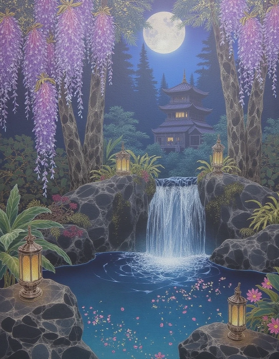 a dinhng style painting, stardust translucent, ethereal, delicate, mystical, intricate, glowing, golden, serene, Enchanting mystical garden at twilight, a serene waterfall cascades into a crystal-clear pool. Soft, luminescent purple wisteria drapes from ancient trees, glowing gently under a silvery moonlight that filters through a misty canopy. Vibrant bioluminescent flowers illuminate the scene, casting a magical glow on the water's surface sprinkled with delicate petals. Lush greenery and exotic plants surround the tranquil oasis, lanterns flickering warmly among the rocks, creating an ethereal aura. In the distance, a hidden pagoda nestles within the flora, its silhouette hinting at secrets of a forgotten world. The atmosphere is tranquil and dreamlike, enhancing the sense of wonder and discovery., <lora:nihonga-style_v25-000036:1>, rich colors, vivid colors, vibrant colors, high-contrast lighting, dramatic shadows
