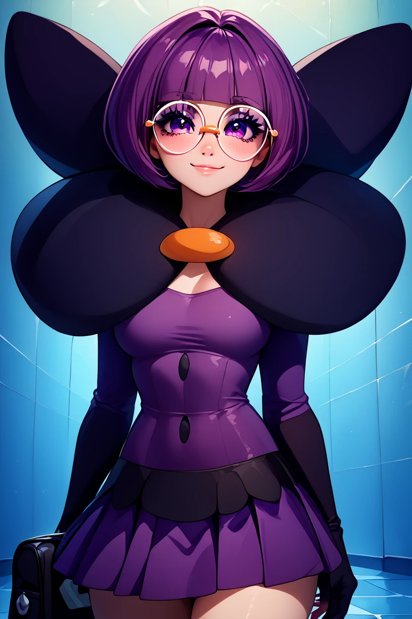 score_9, score_8_up, score_8, medium breasts, (curvy), cute, eyelashes, ,,, , ,,, zzShauntal, purple eyes, bob cut, glasses, round eyewear, short hair, blunt bangs, purple hair, elbow gloves, purple skirt, skirt, bow, dress, large bow, <lora:Shauntal_Pokemon_PDXL:1.0>, ,,,, BREAK, closed mouth, alternate costume, smile, looking at viewer, collared shirt, blush, sweater, black skirt, eyelashes, long sleeves, sleeves past wrists, plaid skirt, shoulder bag, black bag, blurry, tile floor, pleated skirt, white shirt, cowboy shot, ,,, embedding:zPDXL, Expressiveh, ,,, <lora:Vivid:0.7>, <lora:LFashionPDXL:1>, <lora:Uncensored_PonyXL_cpt_v02.09:0.4>, <lora:Expressive_H-000001:0.4>,
