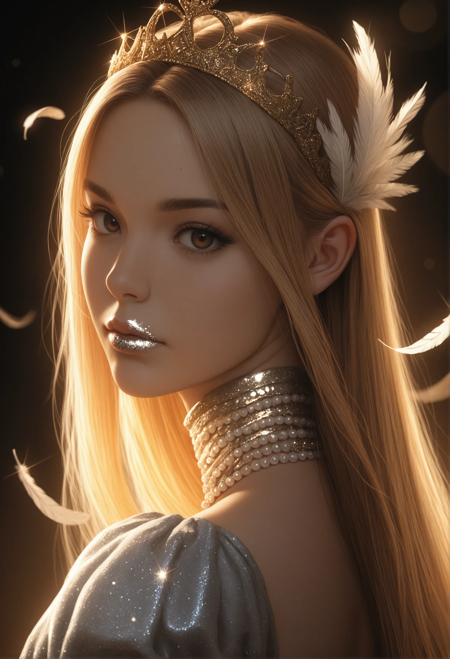 photorealistic 2.5D \(style\), masterpiece, best quality, 1girl, adult, face, portrait, looking at viewer, closed mouth, looking at viewer, detailed eyes, glossy, stardust, golden, glitter on lips, mysterious, fairy tale, feathers, golden hour, deep shadows, dark, high fashion cover shoot, dynamic motion, dynamic angle, depth of field, back view, over the shoulder view, very long hair, straight hair, black lashes, pearls, brown eyes, princess, tiara, turtle neck, princess dress, moody lighting