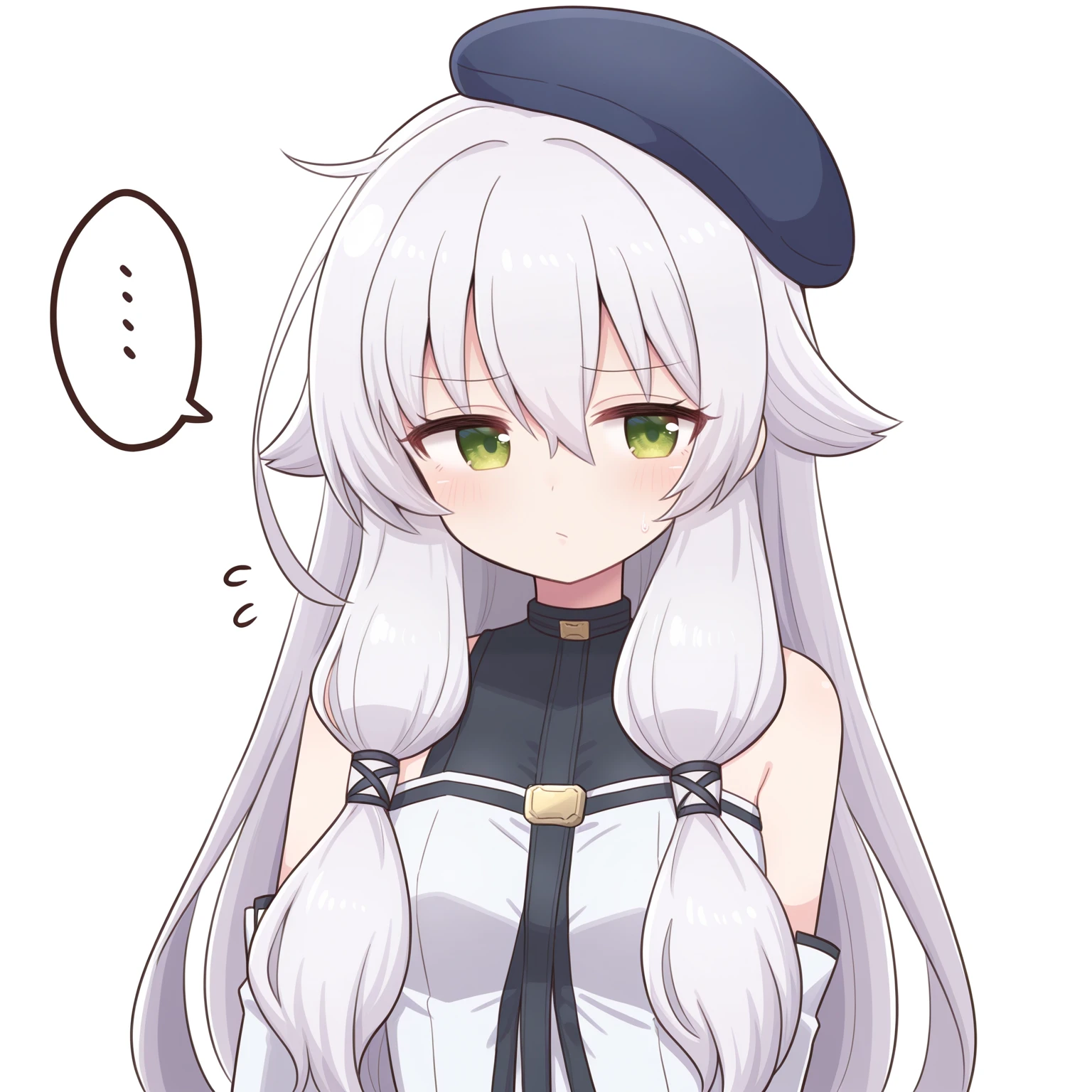 masterpiece, best quality, amazing quality, very aesthetic, absurdres, (naga_u:0.7), (subaru \(subachoco\):0.4), (e.o.:0.4)
1girl, solo,
<lora:AltinaKai_Illustrious:1>, Altina Orion, white hair, long hair, tress ribbon, sidelocks, green eyes, small breasts, beret, white dress, detached sleeves, black pantyhose, white boots,,
white background, simple background, upper body, portrait, thinking, pondering, ..., looking to the side ,, looking at viewer , cute,