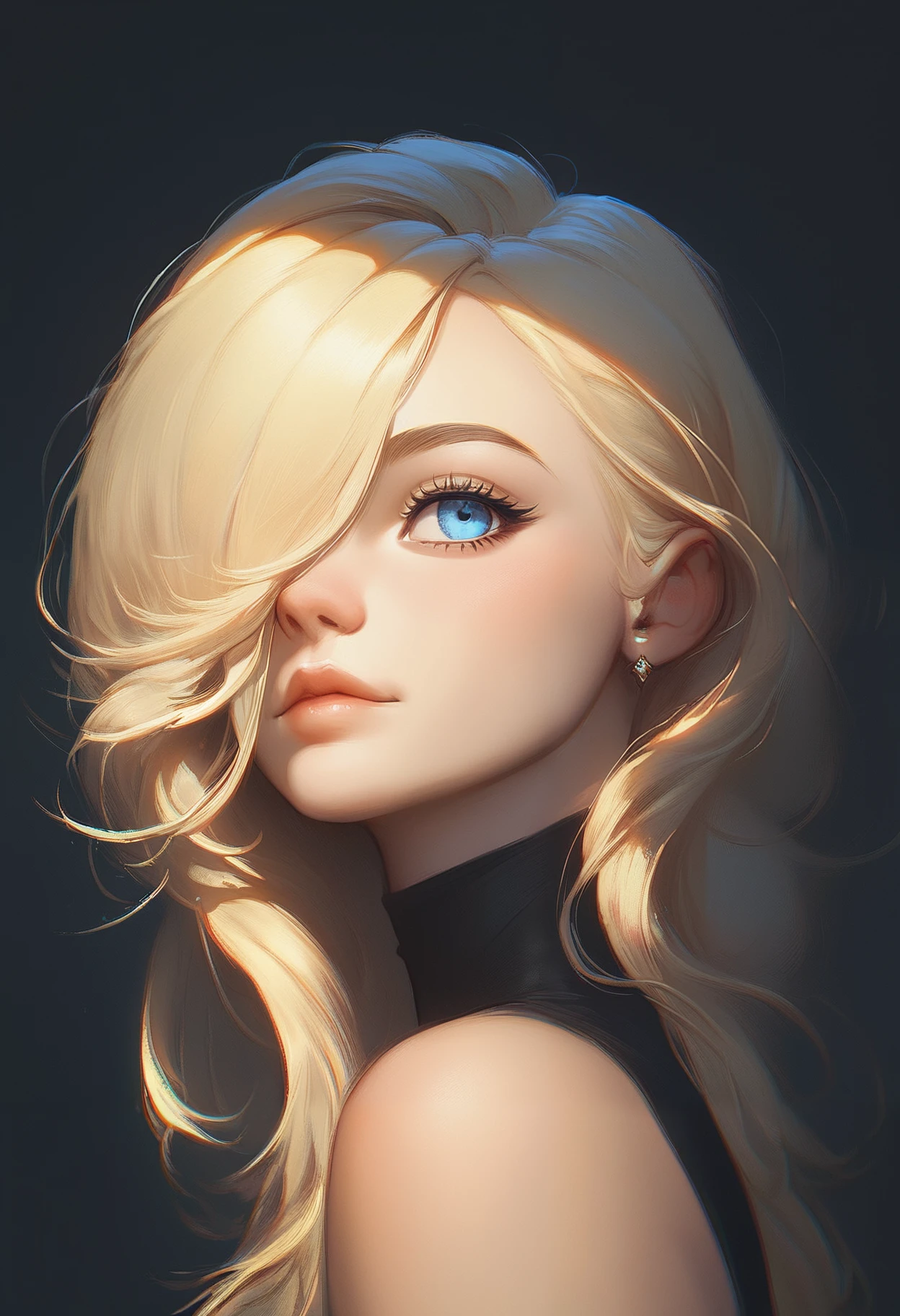 score_9, score_8_up, score_7_up, score_6_up, source_anime, 1girl, solo, sexy, 23 years old , curvy, cute face, big blue eyes, hair over 1 eye, blonde hair, smrik, s1_dram, black wall